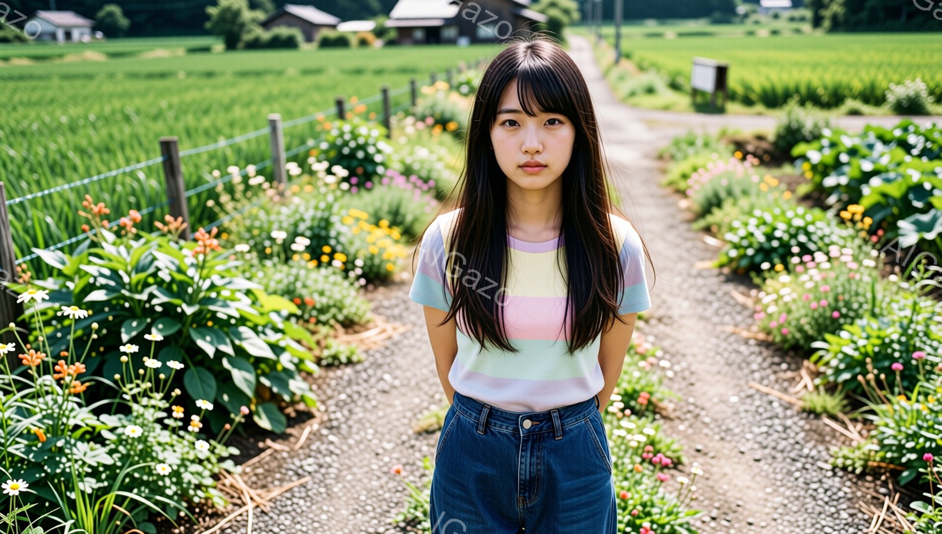 長い黒髪の女性が、花壇の中央を歩く砂利道に立っている。彼女は、パステルカラーのストライプのTシャツとデニムのジーンズを着ており、やや無表情でカメラを見つめている。背景には、緑豊かな畑と遠くに見える建物があり、晴れた日の穏やかな雰囲気を感じさせる。