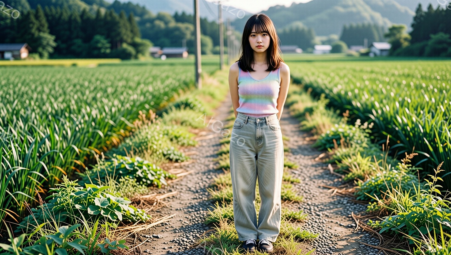 長い前髪とゆるいウェーブのかかった髪をした女性が、緑豊かな田んぼの真ん中を歩く小道に立っている。彼女は虹色のニットと、ゆったりとしたベージュのパンツを身に着け、黒い靴を履いている。背景には緑の田んぼと遠くの山々が見え、穏やかで平和な雰囲気を醸し出している。