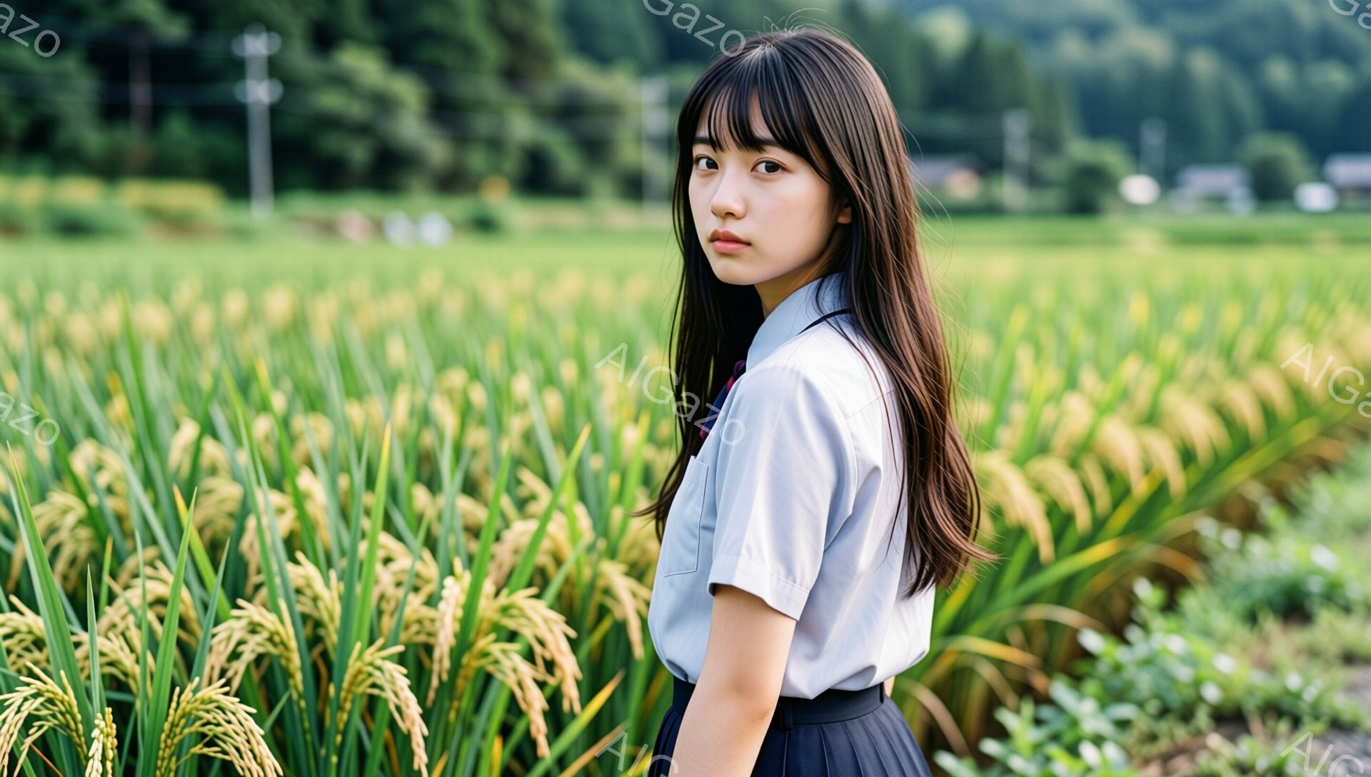 長い黒髪を肩にかける女子学生が、黄金色の稲穂が実る田んぼの中に立っている。彼女は白いブラウスと紺色のスカートを着ており、少し憂いを帯びた表情でこちらを見ている。背景には緑豊かな山々と電柱が見え、穏やかでどこか懐かしい雰囲気を感じさせる。