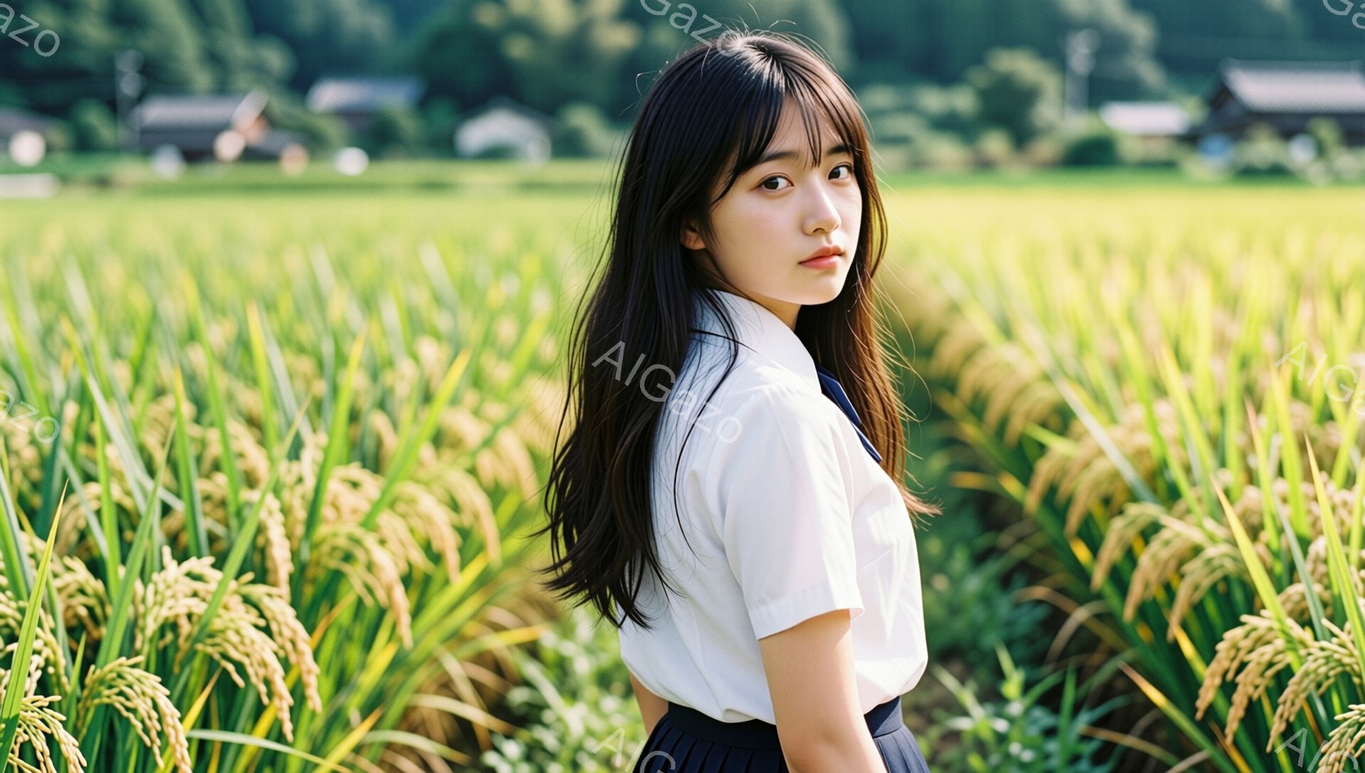 長い黒髪をなびかせ、白いシャツと紺色のスカートを着た若い女性が写っている。彼女はわずかに振り返り、少し憂いのある表情でカメラを見ている。背景には黄金色に輝く稲穂が広がる田園風景と、遠くに見える日本の伝統的な家屋があり、穏やかでノスタルジックな雰囲気を醸し出している。