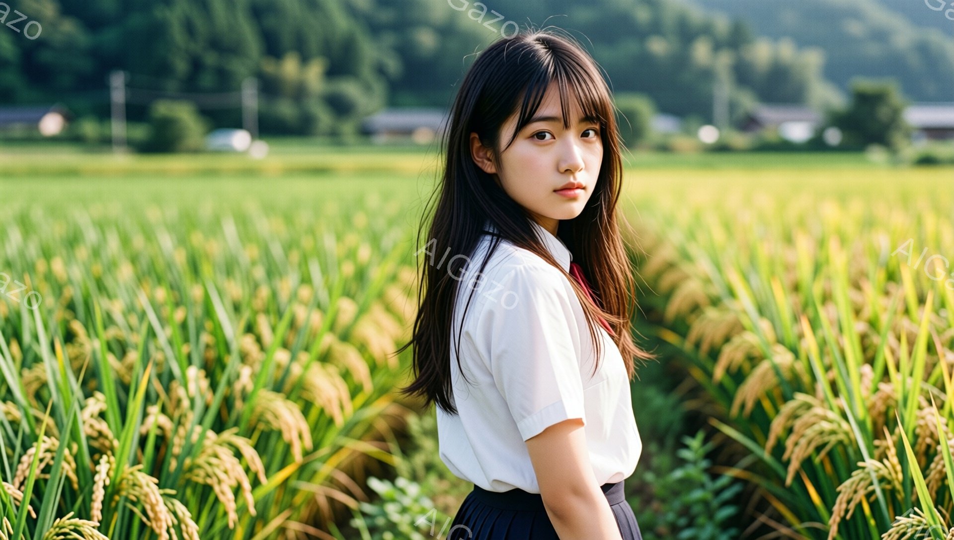 長い黒髪で、前髪を少し分けている若い女性が、白いシャツと紺色のスカートを着ています。彼女は少し振り返ってこちらを見ており、表情は穏やかでどこか憂いを帯びています。背景には黄金色に輝く稲穂が広がる田んぼと、遠くに見える建物や緑豊かな山々が広がっており、穏やかでノスタルジックな雰囲気を醸し出しています。
