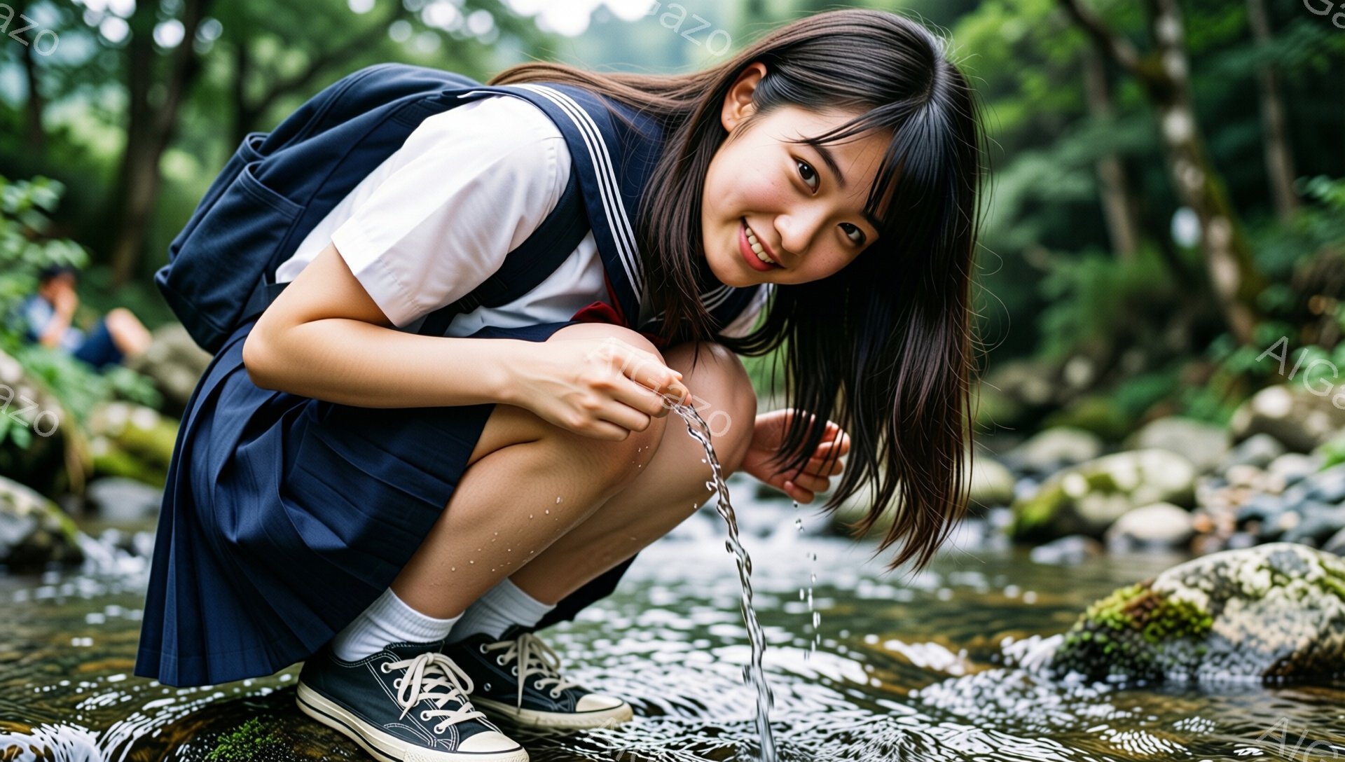 画像には、紺色のスカートと白いブラウス、そしてリュックサックを背負った若い女性が写っている。彼女はひざまずいて川の水を手に受け、楽しそうに微笑んでいる。背景には緑豊かな木々と岩場があり、自然の中でリラックスした雰囲気が漂っている。