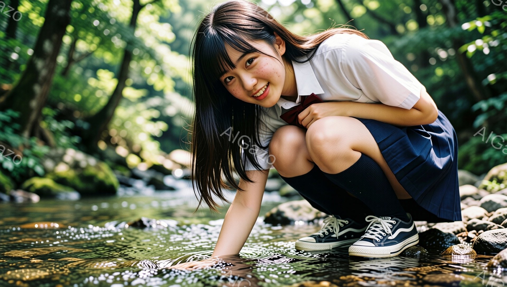 制服姿の若い女性が、膝をついて川の水に触れている。彼女は黒髪で、前髪が目にかかるように切り揃えられ、笑顔でこちらを見ている。背景には緑豊かな木々が生い茂り、太陽光が差し込んで水面がきらめいている、自然の中でリラックスした雰囲気だ。