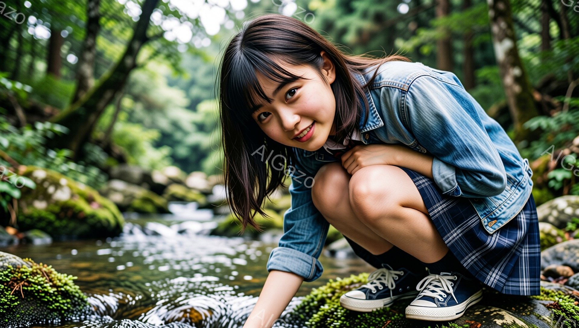 若い女性が膝をついて小川の水を覗き込んでいます。彼女はデニムシャツとチェック柄のスカート、そして紺色のキャンバスシューズを身に着けており、髪は肩にかかる長さで前髪が少し流れています。背景には緑豊かな森林が広がり、水辺には苔が生えた岩や木々が見え、自然に囲まれた穏やかな雰囲気が漂っています。