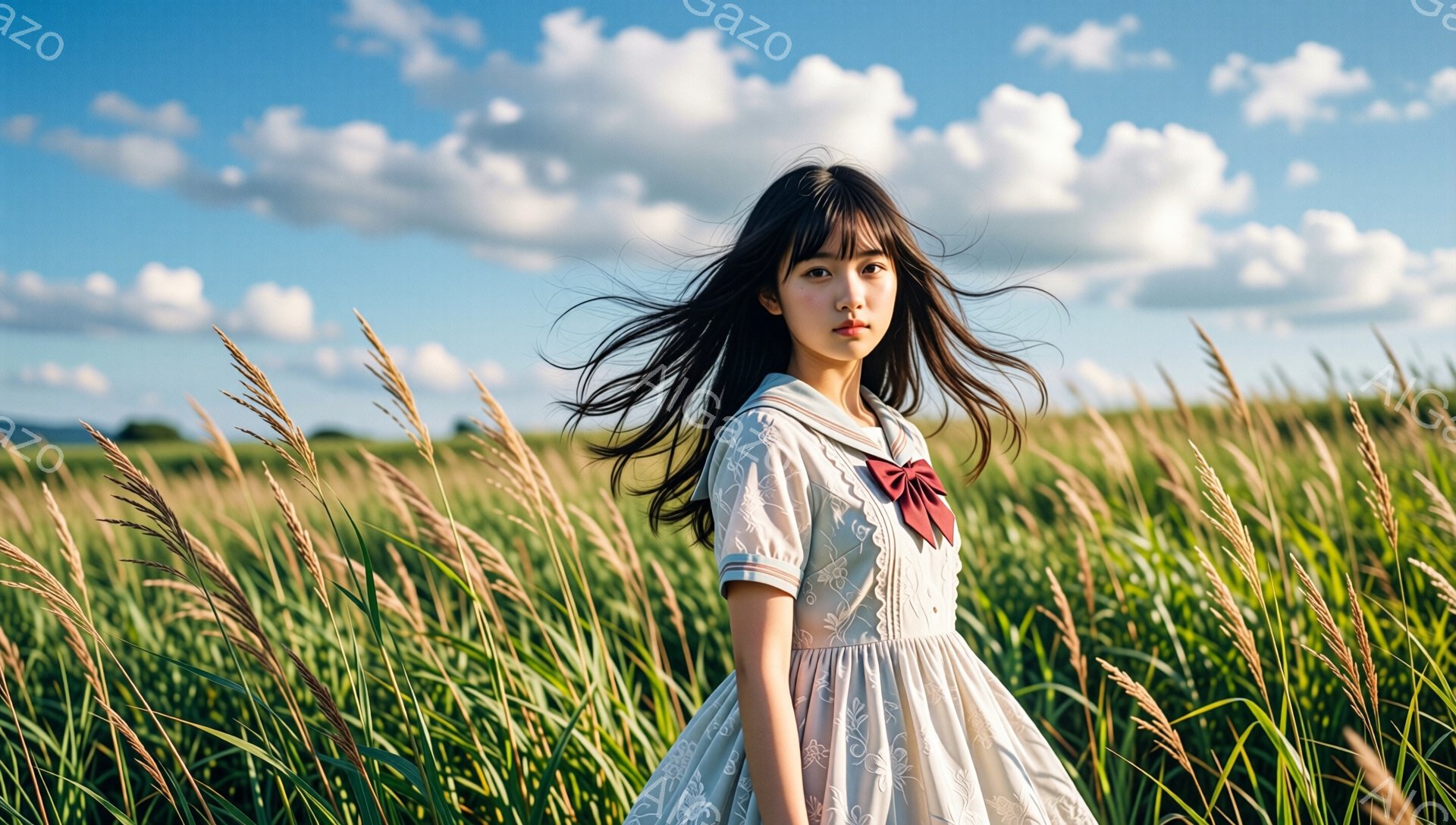 長い黒髪を風になびかせ、花柄のフリル襟が可愛らしい白いワンピースを着た若い女性が、背の高い芒の草原の中に立っている。彼女は少し微笑み、どこか物憂げな表情で遠くを見つめている。青空と白い雲が広がり、草原全体が秋の優しい光に包まれている。