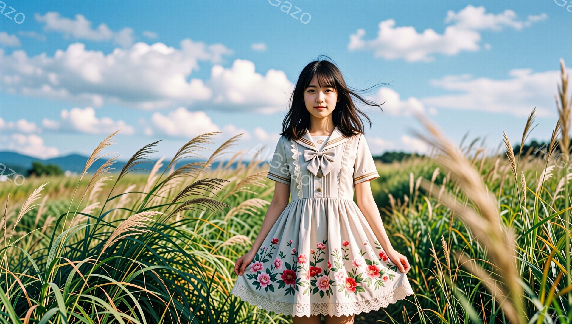 長い黒髪をセンターパートにした若い女性が、花柄の白いワンピースを着て草原の中に立っている。彼女は少し微笑み、穏やかな表情で、風に揺れるススキの穂に囲まれている。背景には、青空と白い雲、遠くに見える緑色の山々が広がり、全体的に暖かく優しい雰囲気である。