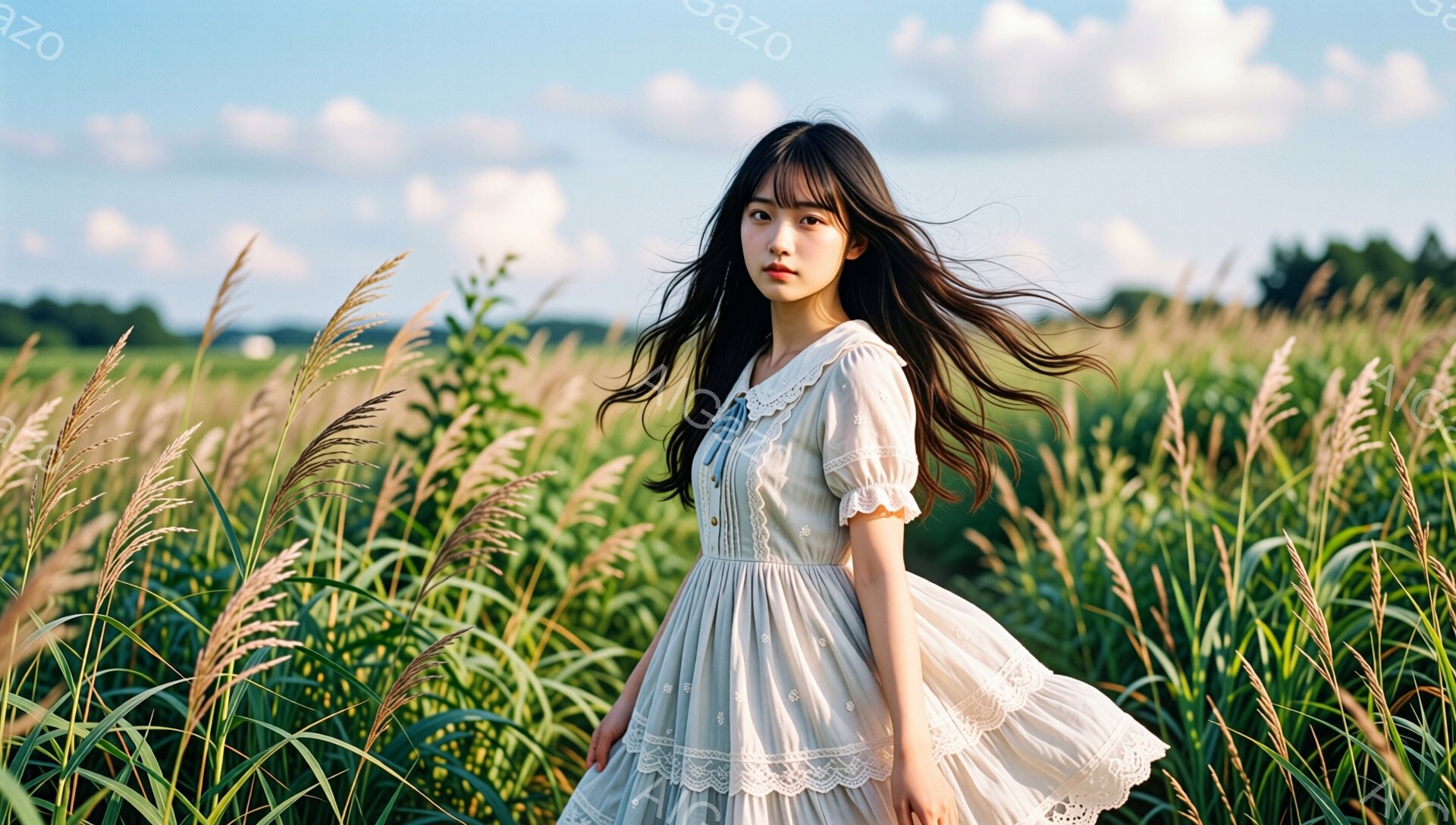 長い黒髪を風になびかせ、白いレースの付いた淡い色のワンピースを着た若い女性が写っている。彼女はわずかに微笑み、草原の中を歩いているように見える、スカートが風でふわふわと揺れている。背景には背の高い草が - AI生成フリー素材