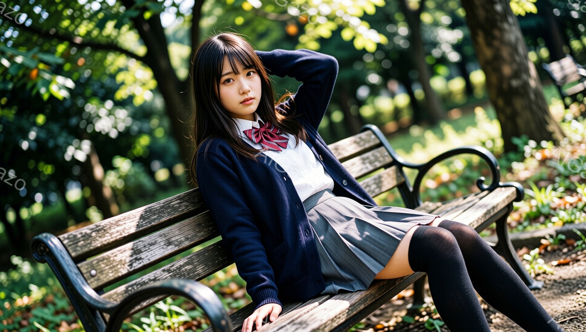 明るい日差しの中、セーラー服姿の女性が公園のベンチに座っています。彼女は黒いカーディガンを着ており、髪を肩まで伸ばし、片手を頭の後ろに当てています。背景には緑豊かな木々が広がり、穏やかで少し寂しげな雰囲気が漂っています。