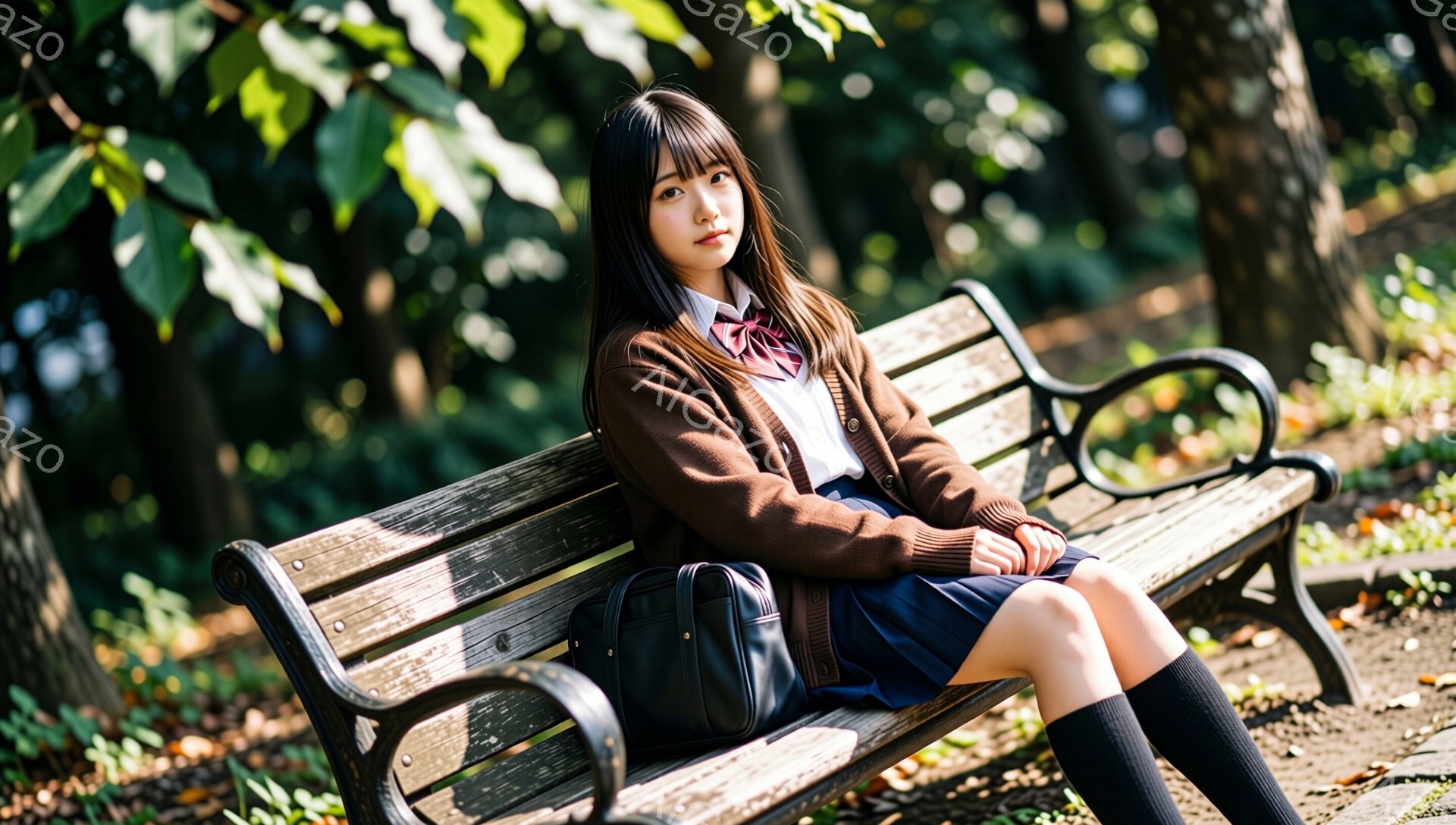 若い女性が公園のベンチに座っており、茶色のカーディガン、白いシャツ、チェック柄のリボン、紺色のスカート、黒いソックスを着用しています。彼女は少し微笑んでおり、肩に黒いショルダーバッグをかけています。背景には緑豊かな木々と日差しが差し込み、穏やかで落ち着いた雰囲気が漂っています。