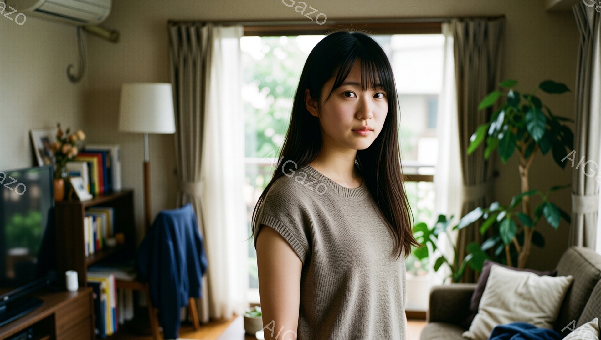 長い黒髪の女性が、ベージュ色のベストを着て立っている。彼女は少し微笑んでいて、穏やかな表情をしている。背景には木製の棚やソファ、窓から見える緑が見え、明るく落ち着いた雰囲気の室内である。