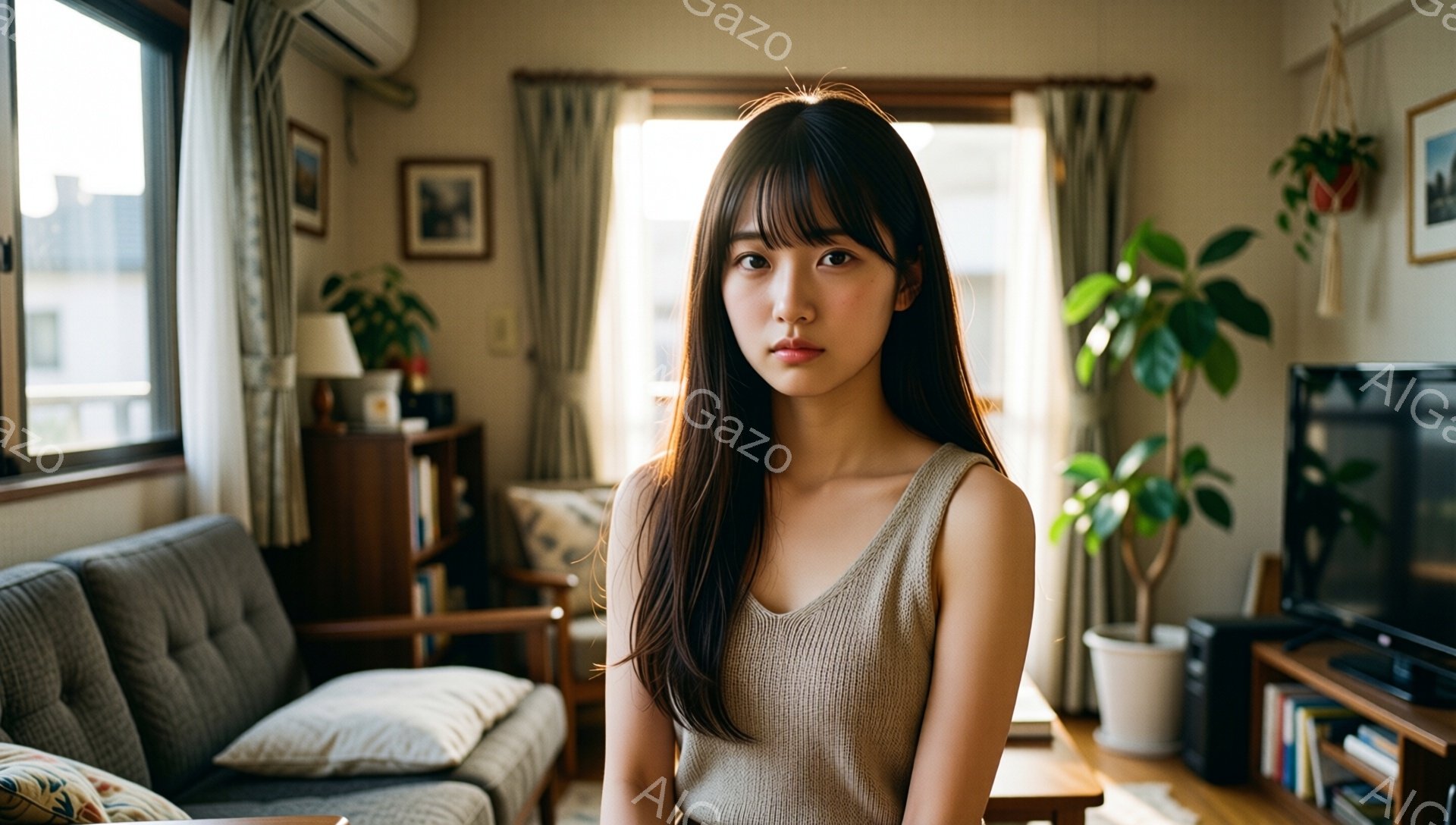 長い黒髪で前髪を作った若い女性が、ベージュ色のノースリーブのトップスを着て座っています。彼女は落ち着いた表情でカメラを見つめており、背景にはソファや本棚、植物が配置された居間が見えます。窓から差し込む光が部屋全体を明るく照らし、穏やかでリラックスした雰囲気を醸し出しています。