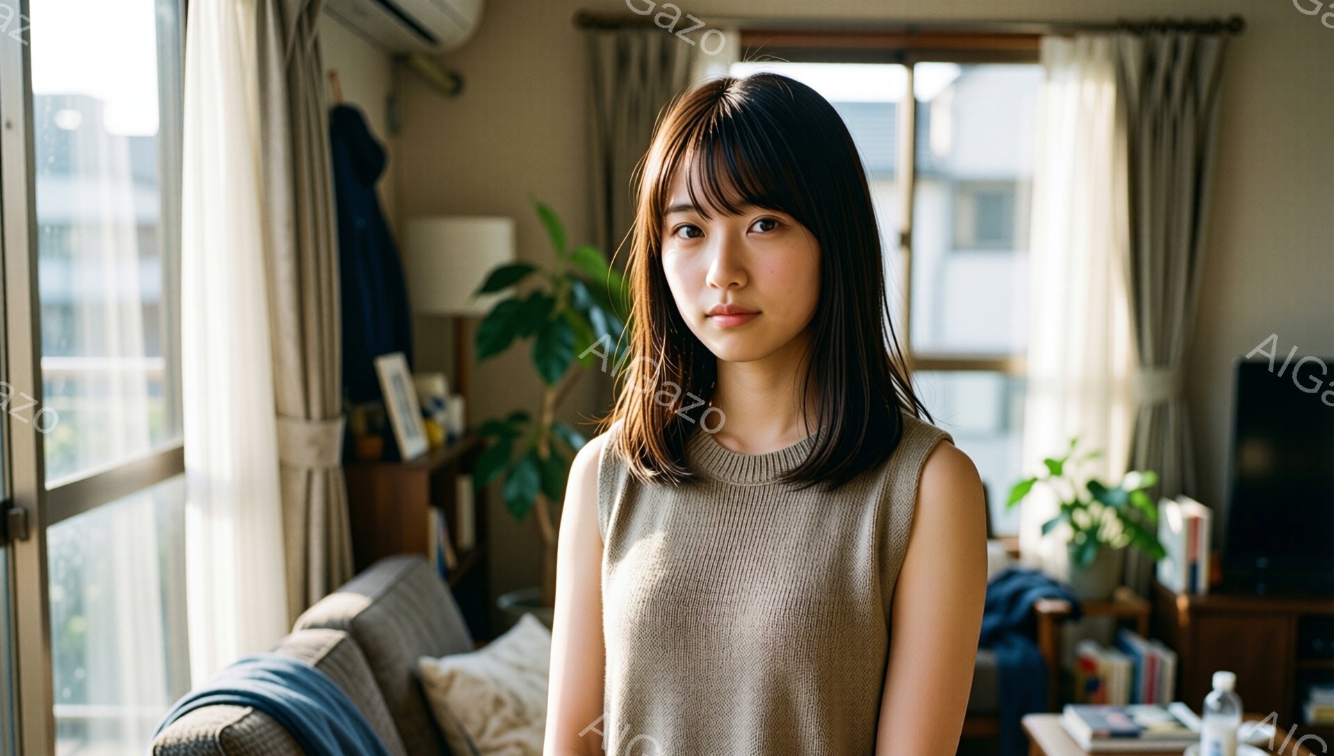 画像には、茶色の髪の女性が写っており、前髪は目の上まで切り揃えられています。彼女はベージュ色のノースリーブのニットを着ており、穏やかな表情で正面を見つめています。背景は明るいリビングルームで、窓からは外の建物が見え、観葉植物が置かれ、全体的に温かく、家庭的な雰囲気が漂っています。