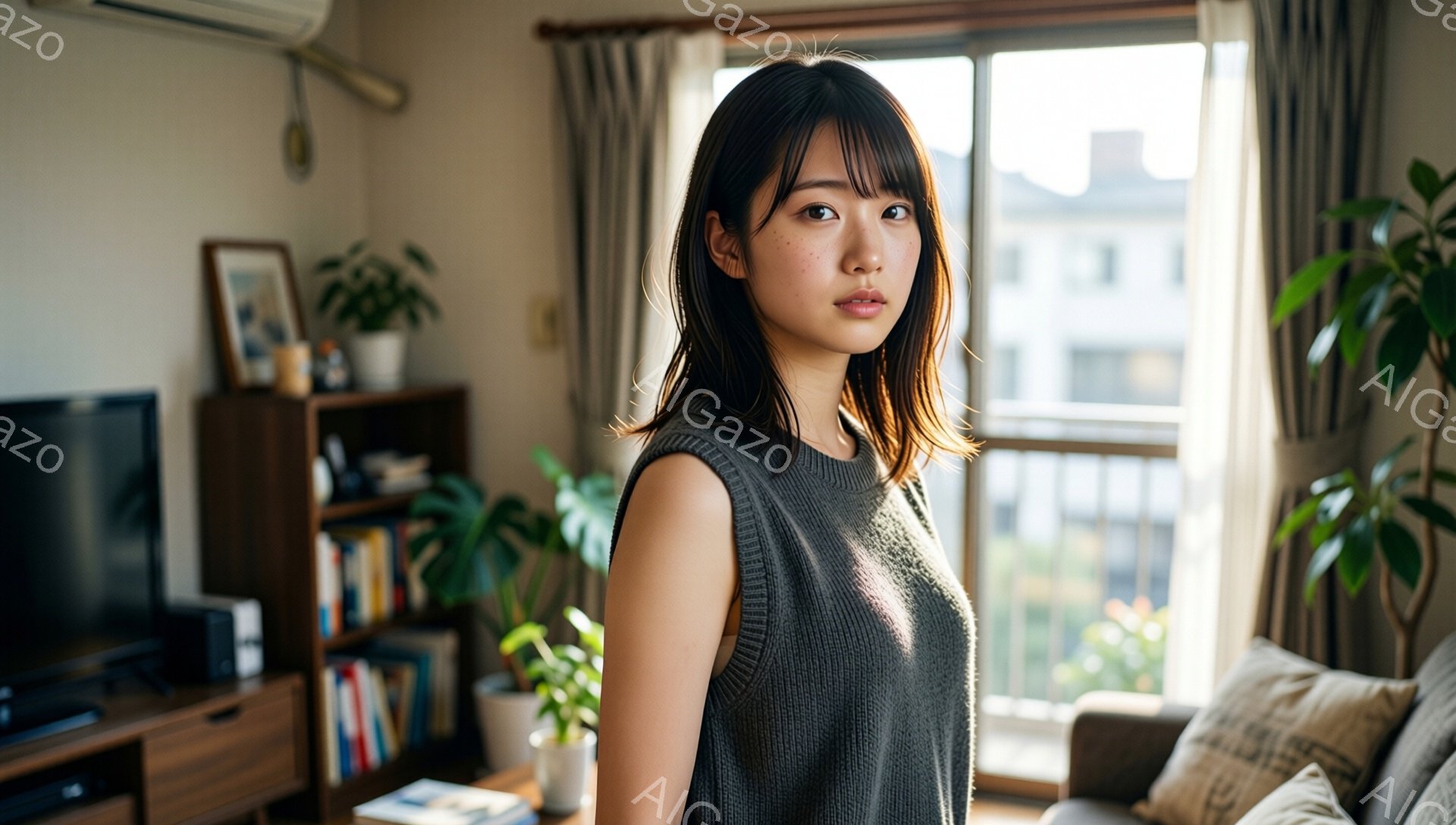 若い女性がグレーのニットベストを着て、窓の近くに立っている。彼女は黒髪で、前髪が目にかかるヘアスタイルで、穏やかだが少し憂いを帯びた表情をしている。背景には本棚やソファがあり、窓の外には高層ビルが見え、晴れた日の穏やかな光が差し込んでいる。