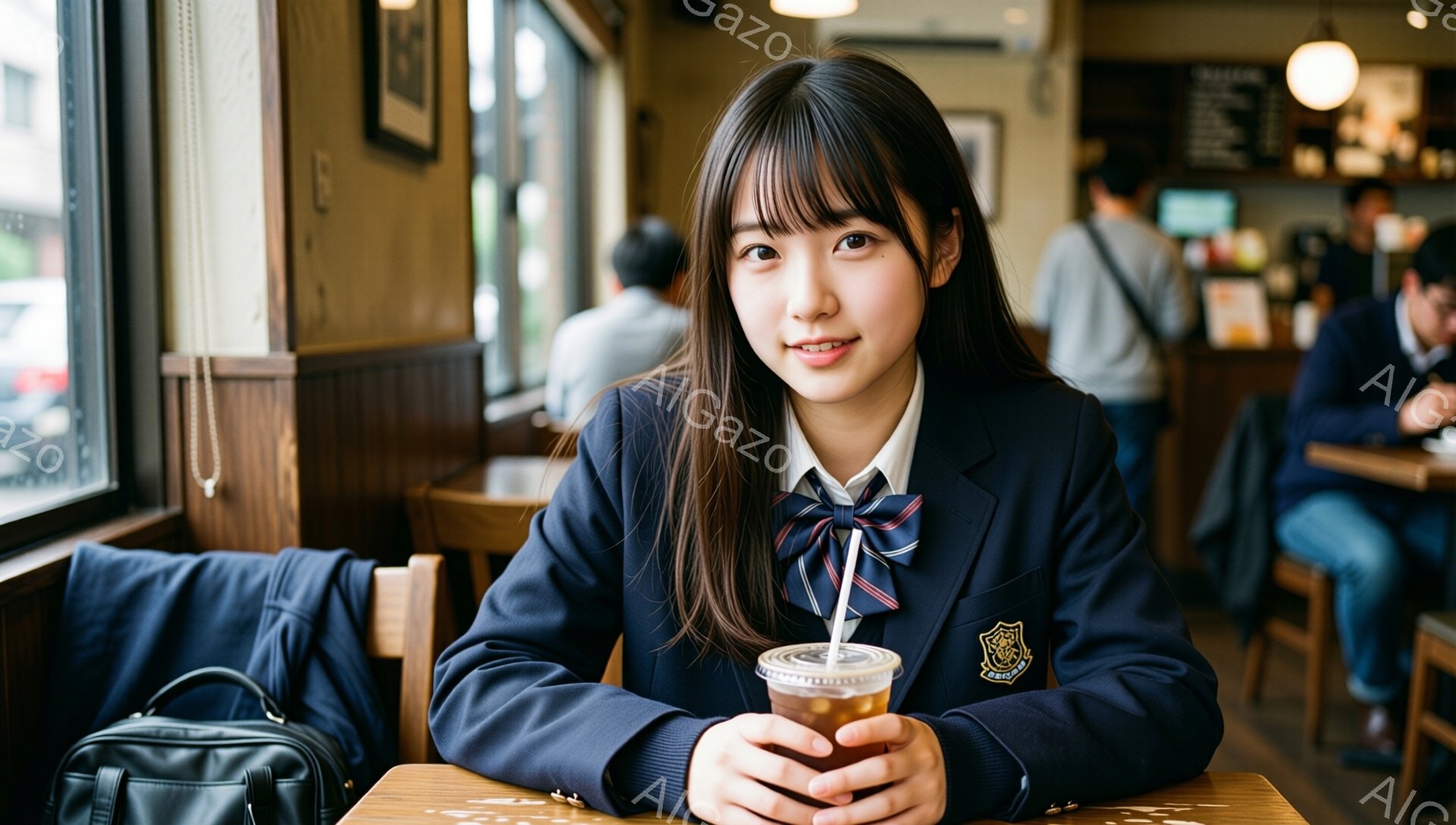 画像は、制服を着た若い女性がカフェに座って飲み物を楽しんでいる様子を捉えています。彼女は紺色のブレザーに、水色のリボンタイを締め、肩まで伸びたストレートヘアで、穏やかな笑顔を浮かべています。背景には、他の客やカフェのインテリアが見え、窓の外には明るい日差しが差し込み、温かい雰囲気を醸し出しています。