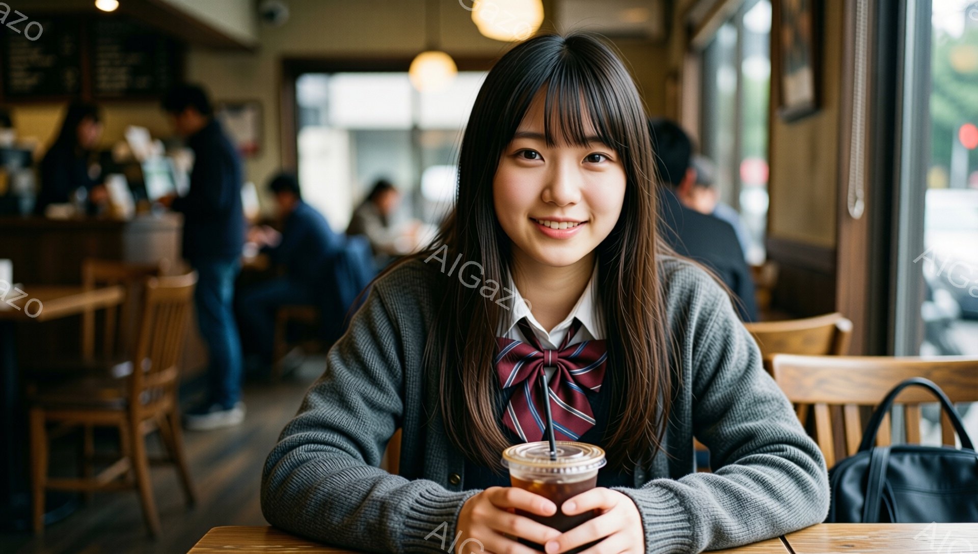 画像は、明るい笑顔を浮かべた若い女性が、カフェのテーブルに座って飲み物を手にしている様子を捉えています。彼女はグレーのカーディガン、チェックのネクタイ、白いシャツを着ており、髪は肩まで伸びたストレートで、前髪があります。背景には、他のカフェの客や窓の外の街並みが見え、全体的に温かくリラックスした雰囲気です。