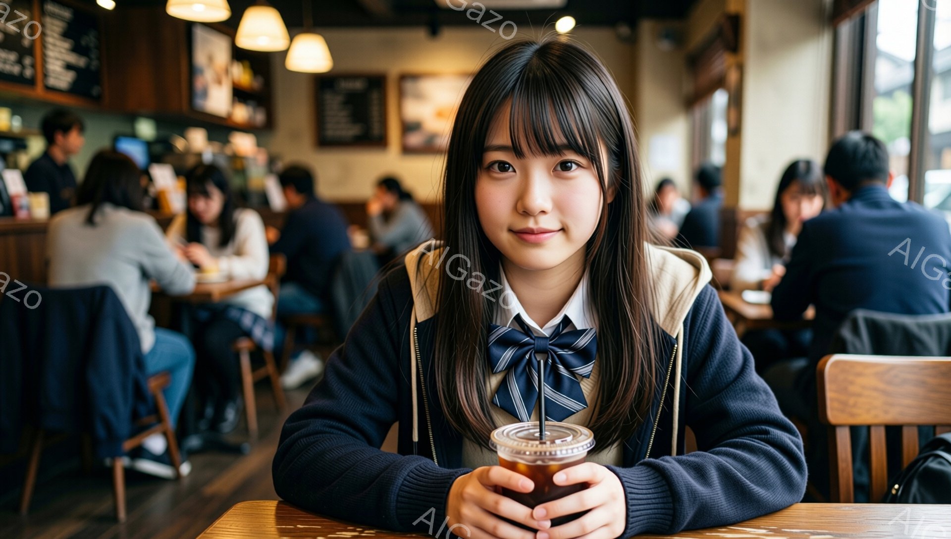 画像の中央には、紺色のブレザーにネクタイと白いシャツを着た若い女性がいます。彼女は長い茶色の髪で、前髪は眉毛にかかるくらいに切られています。彼女は少し微笑んでおり、両手で透明なカップに入った飲み物を抱えています。