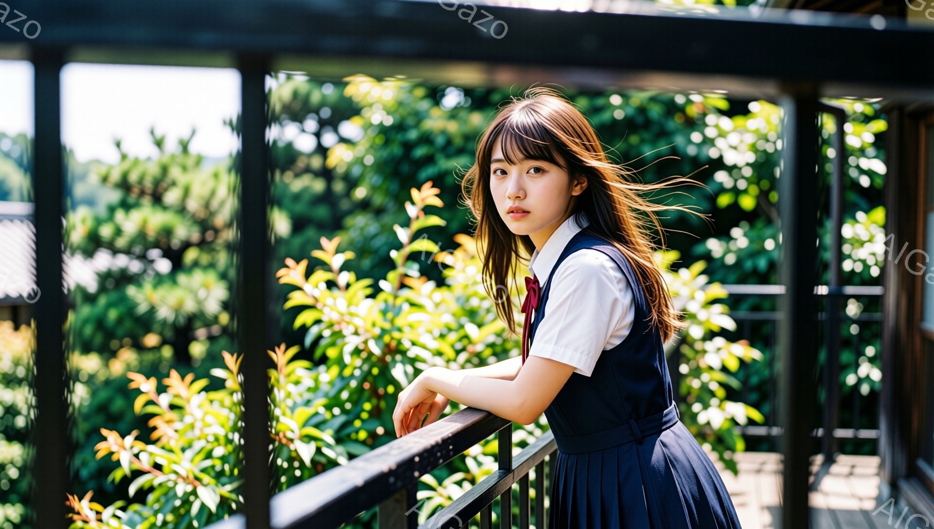 茶髪のロングヘアを無造作に肩から垂らし、紺色のスカートと白いブラウスの制服を着た少女が、木製の柵に片手を添えて立っている。彼女は少し横を向き、憂いを帯びた表情で遠くを見つめている。背景には緑豊かな木々が生い茂り、晴れた日の穏やかな雰囲気が漂っている。
