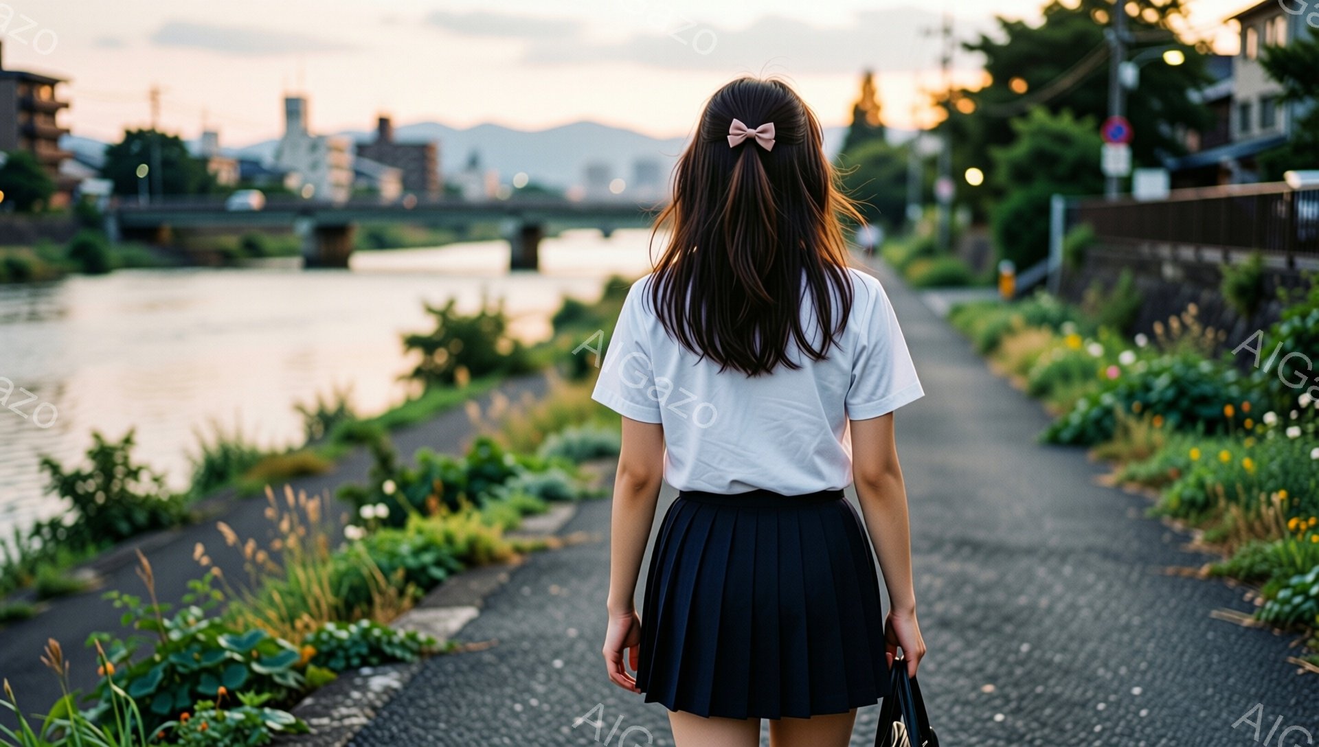 白いTシャツにプリーツスカートを履いた女性が、道に沿って歩いている後ろ姿です。髪は後ろでまとめられ、リボンで飾られています。背景には川、橋、そして遠くに見える建物があり、夕暮れ時の穏やかな雰囲気が漂っています。