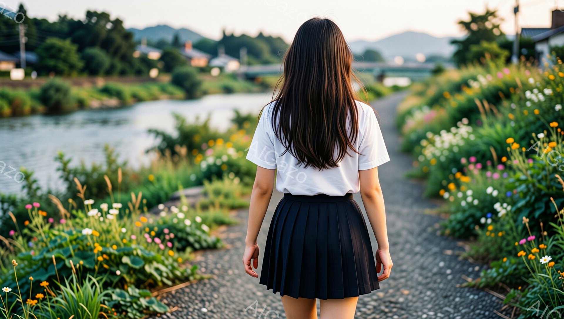 後ろ姿の女性が、花壇に囲まれた小道の中を歩いている。白いTシャツと黒のプリーツスカートを身に着け、長く黒い髪が背中に広がっている。背景には川と緑豊かな山々が広がり、穏やかで平和な雰囲気が漂っている。
