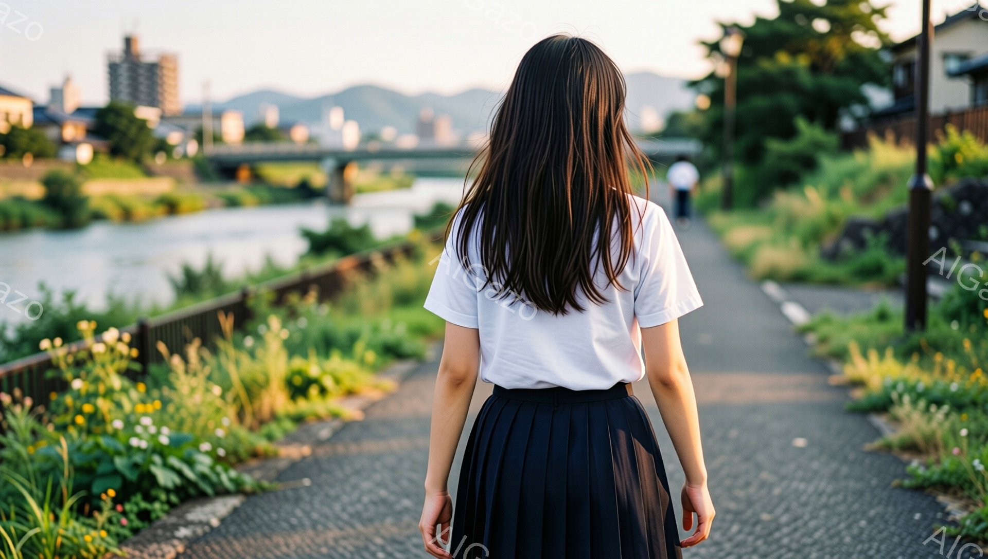 白いTシャツと黒いプリーツスカートを身に着けた女性が、河川敷の道を歩いている後ろ姿が捉えられています。彼女の髪は長く、背中に垂れており、表情ははっきりと見えません。背景には緑豊かな草地、川、そして遠くの建物と山々が広がり、穏やかで平和な雰囲気が漂っています。