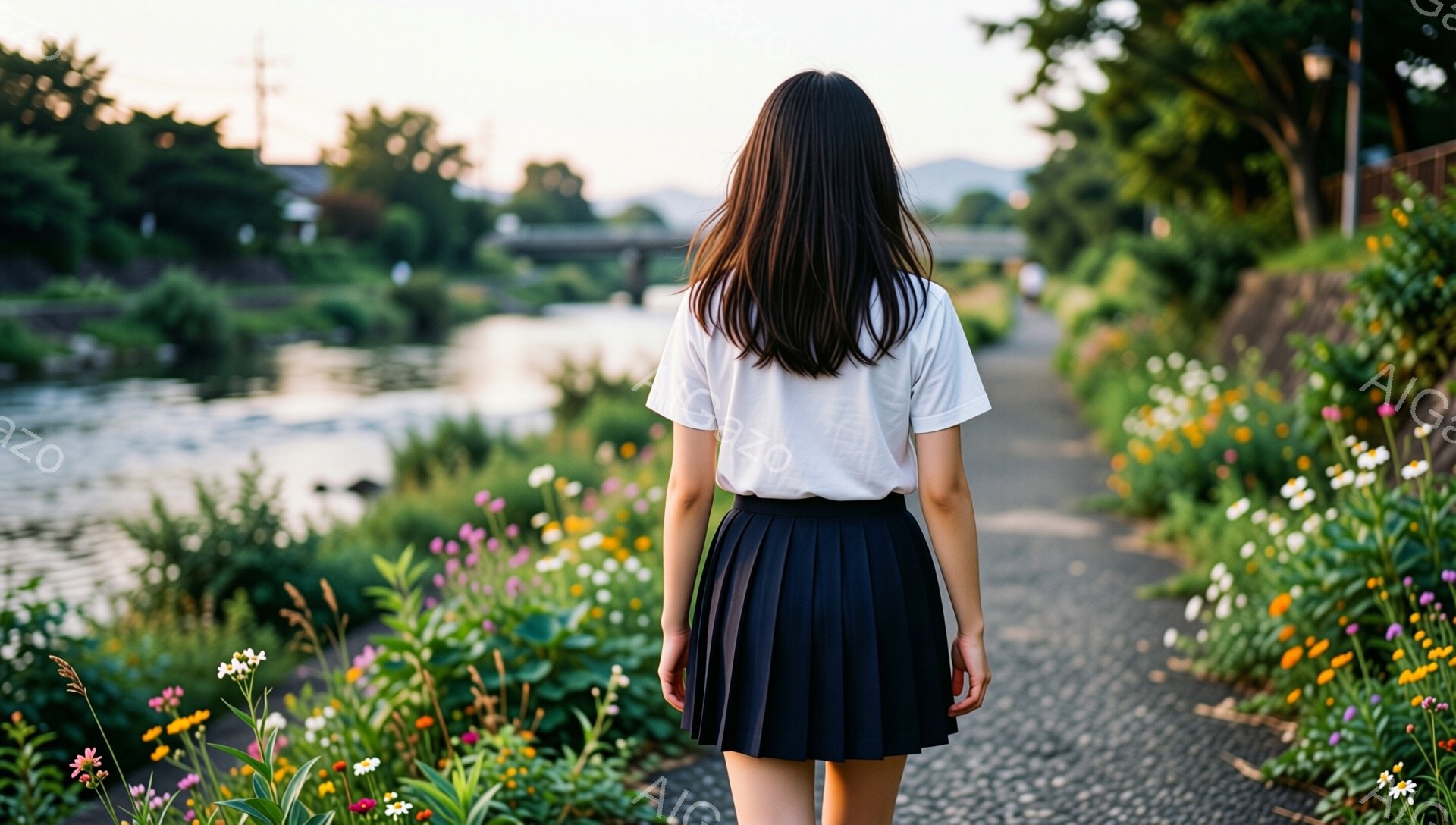 後ろ姿の女性が写っており、白いTシャツと黒のプリーツスカートを着用しています。彼女は遊歩道を歩いており、背景には川と緑豊かな植物、そして遠くの建物が見えます。全体的に、穏やかで自然に囲まれた雰囲気です。