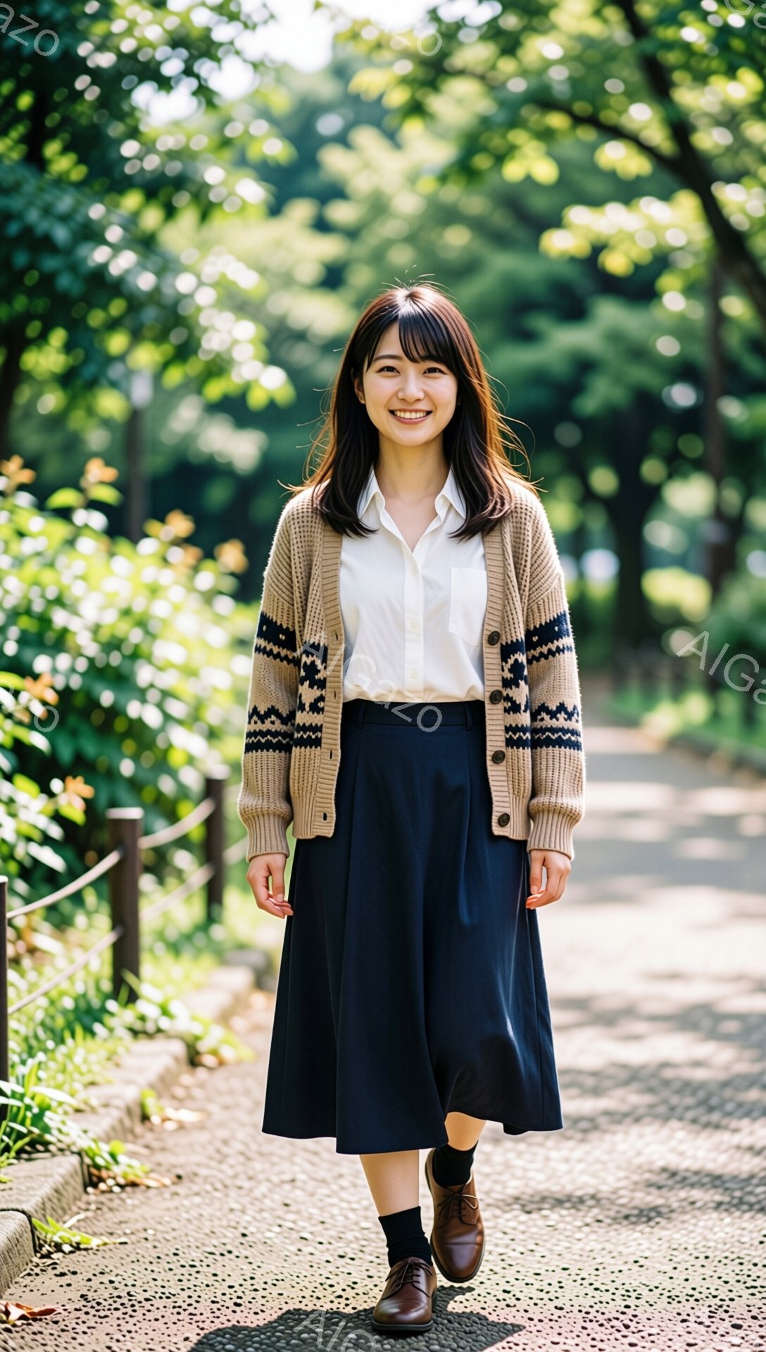 若い女性が、ベージュのカーディガン、白いシャツ、濃い青色のミモレ丈スカート、茶色の靴を着用し、笑顔でカメラを見て立っています。彼女は肩までの長さの茶髪で、前髪を分けています。背景には緑豊かな木々が茂り - AI生成フリー素材