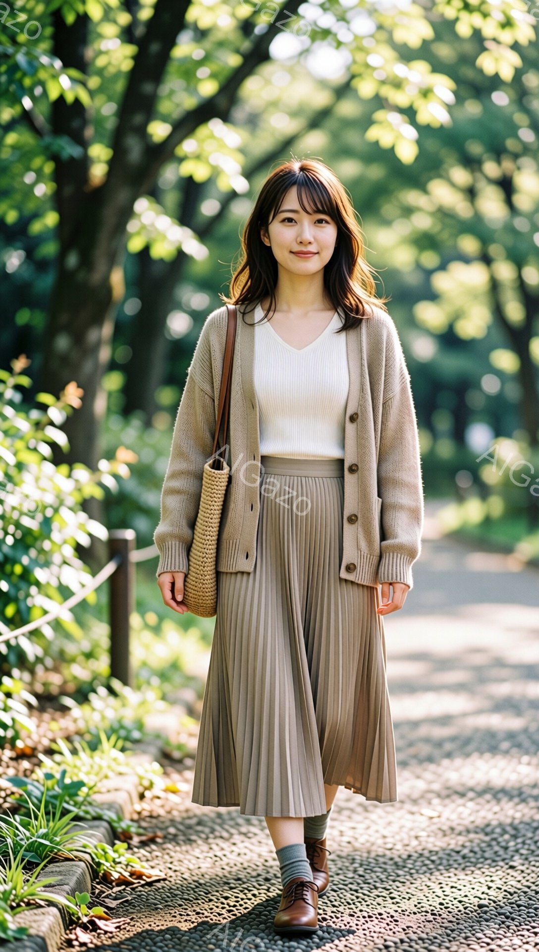 長い茶色の髪をセンターパートにした女性が、ベージュのカーディガン、白いトップス、そしてプリーツのミディアム丈スカートを着て、石畳の道を歩いています。彼女は肩に麻のバッグをかけ、足元は茶色の靴下と革靴を履いています。背景には緑豊かな木々と太陽の光が差し込み、穏やかで自然な雰囲気を醸し出しています。