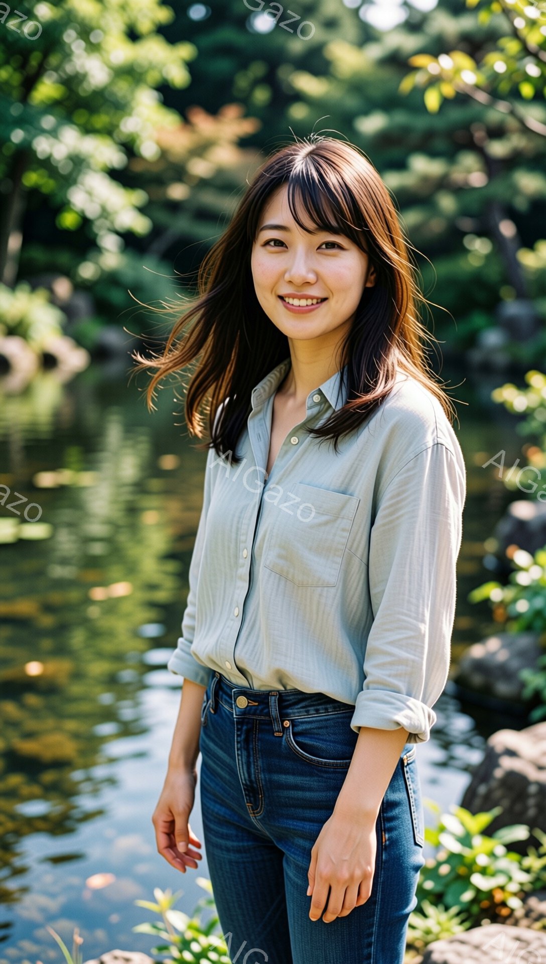 画像には、浅い緑色のシャツと濃い色のジーンズを着た若い女性が写っています。彼女は微笑んでおり、肩までの長さの茶色の髪は少しカールしています。背景には緑豊かな植物と水面があり、穏やかで自然な雰囲気です。 - AI生成フリー素材