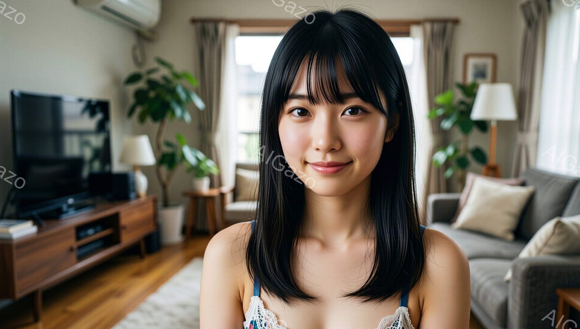 長い黒髪で前髪は眉毛にかかる程度にカットされた若い女性が写っている。彼女は白いトップスの一部が見える状態で、微笑みを浮かべている。背景には木製のテレビ台、ソファ、観葉植物のある明るいリビングルームが広 - AI生成フリー素材