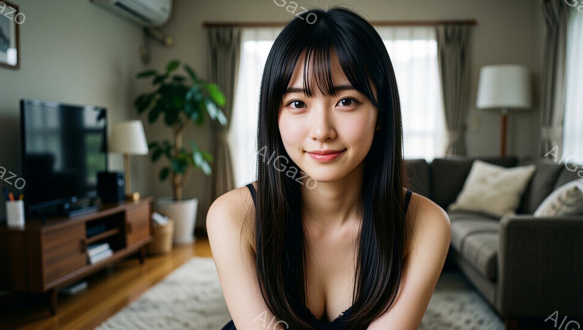 長い黒髪で前髪が目の上まで伸びた女性が写っています。彼女はソファに座り、薄いピンク色のトップスを着て微笑んでいます。背景には木製のキャビネット、観葉植物、そして暖色系の色調で装飾された居間が見えます。