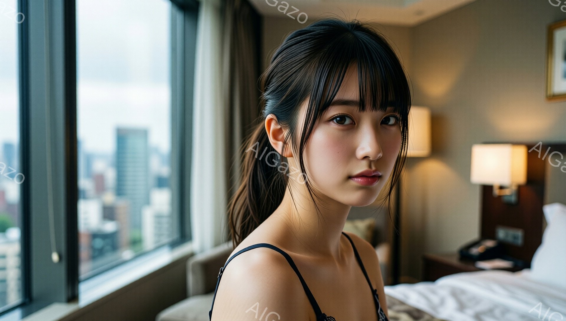長い黒髪をポニーテールにし、前髪を少しおでこにかける女性が写っています。オフショルダーの黒いトップスを着ており、少し微笑んだ表情でカメラを見つめています。背景には高層ビルが並ぶ都会の風景と、ホテルの部屋の一部の様子が見え、全体的に上品で落ち着いた雰囲気が漂っています。