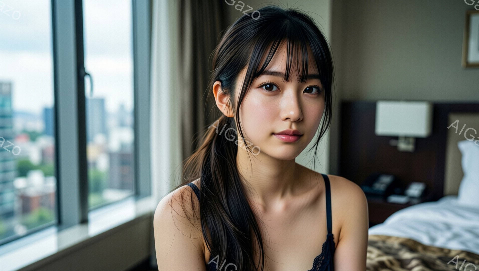 長い黒髪をハーフアップにした若い女性が、窓辺に座ってこちらを見ている。彼女は繊細なレースのキャミソールを着ており、落ち着いた表情で微笑んでいる。背景には高層ビル群が見え、室内は暖色系の照明で照らされ、穏やかでリラックスした雰囲気が漂っている。