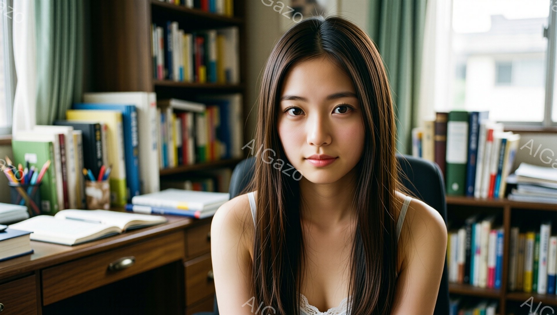 長い黒髪をストレートに下ろした若い女性が、白いレースのキャミソールを着て正面を見つめている。彼女は椅子に座り、少し微笑んでおり、知的で穏やかな雰囲気を醸し出している。背景には本棚が並び、勉強机とペン立てが見える、室内の一室である。
