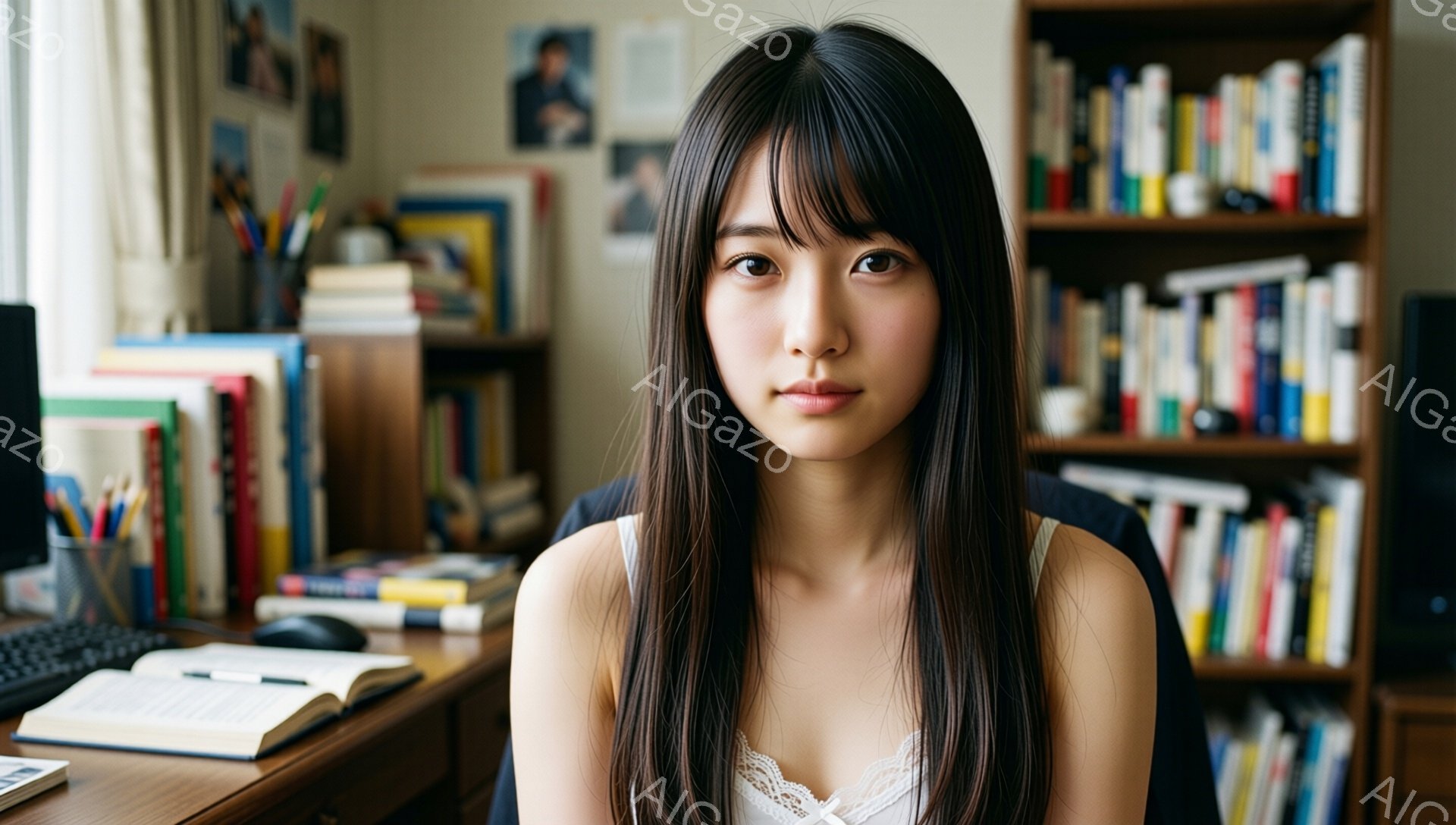 長い黒髪の女性が正面を向いて写っている。白いレースのキャミソールを着ており、少し微笑んでいる。背景には本棚が並び、机の上には本や筆記用具が置かれている、落ち着いた雰囲気の室内である。