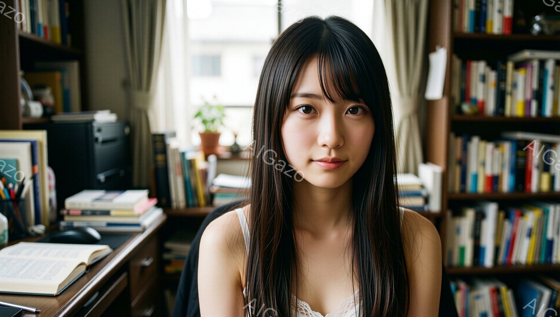 長い黒髪の女性が、クリーム色のレースのキャミソールを着て、カメラに向かって穏やかに微笑んでいます。彼女は机の前に座り、本が積み上げられた勉強机が背景にあります。窓からは自然光が差し込み、書棚に並んだ本や緑の植物が、落ち着いた書斎の雰囲気を醸し出しています。