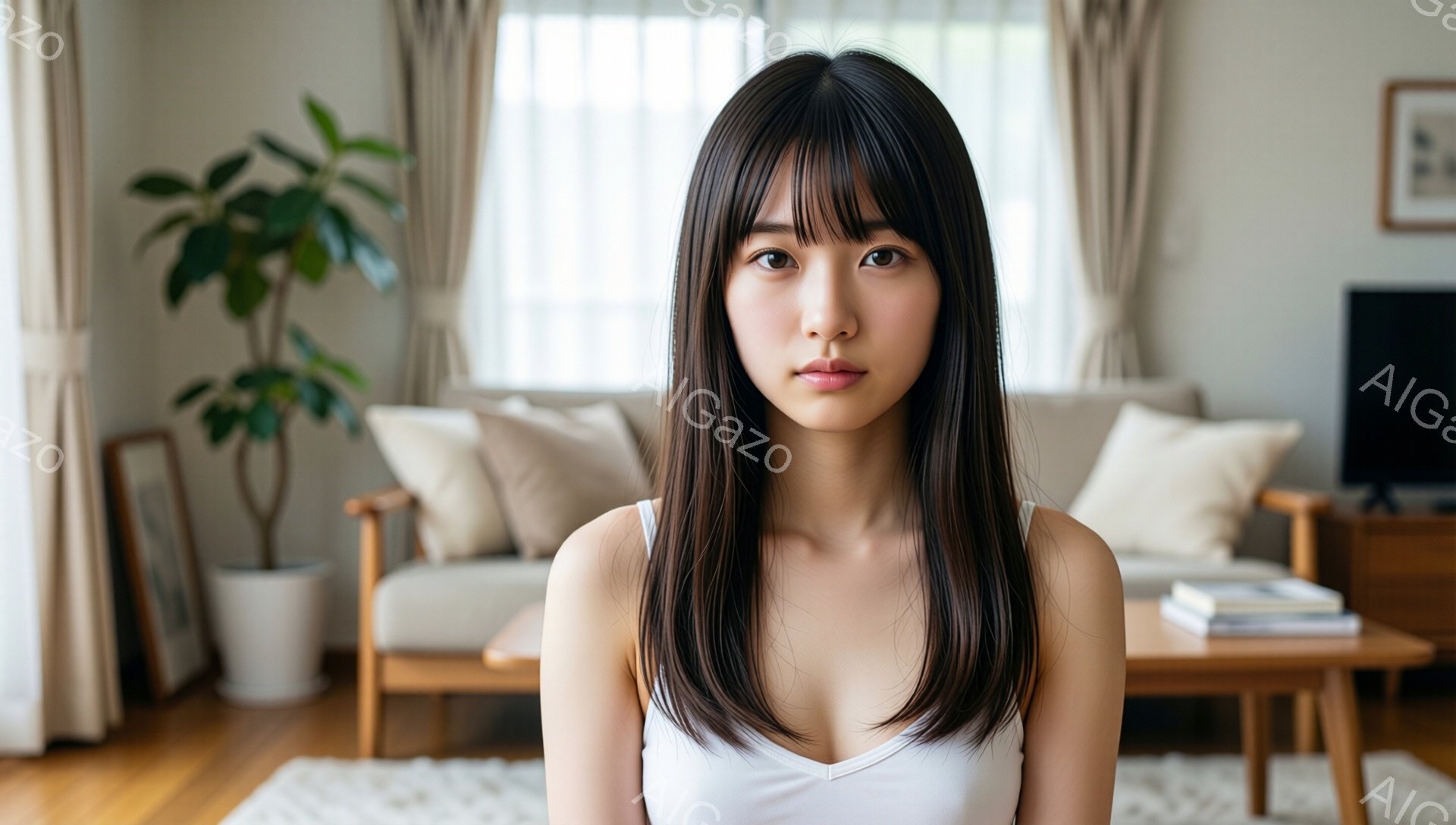 長い黒髪で前髪が眉毛にかかる女性が、白いキャミソールを着て正面を見つめています。彼女はリラックスした姿勢で座っており、表情は穏やかで落ち着いています。背景にはベージュのソファ、木製のテーブル、観葉植物、そして日当たりの良いリビングルームが見えます。