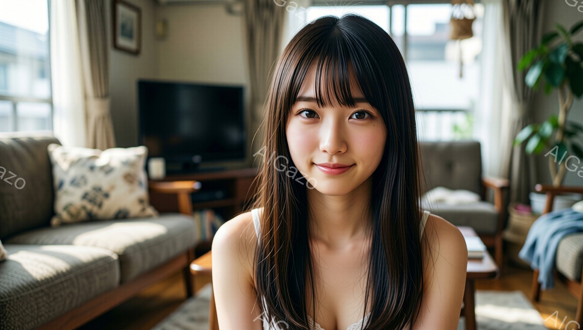 長い黒髪で、前髪が眉毛にかかる女性が写っている。白い肩出しのトップスを着ており、少し微笑んで穏やかな表情をしている。背景にはリビングルームがあり、ソファ、テレビ、観葉植物が見え、暖かく居心地の良い雰囲気である。