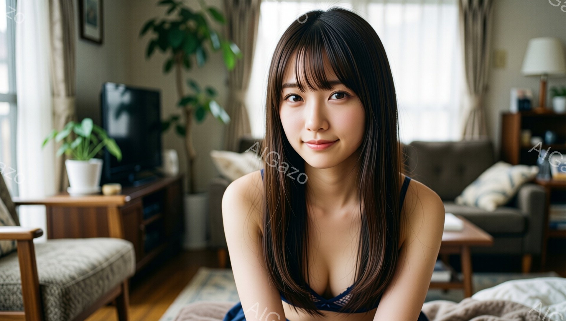 長い黒髪の女性が、紺色のブラレットと短いボトムスを着て、ベッドに横たわっています。彼女は微笑んでおり、カメラを見つめています。背景にはリビングルームが見え、木製の家具や観葉植物があり、温かくリラックス - AI生成フリー素材