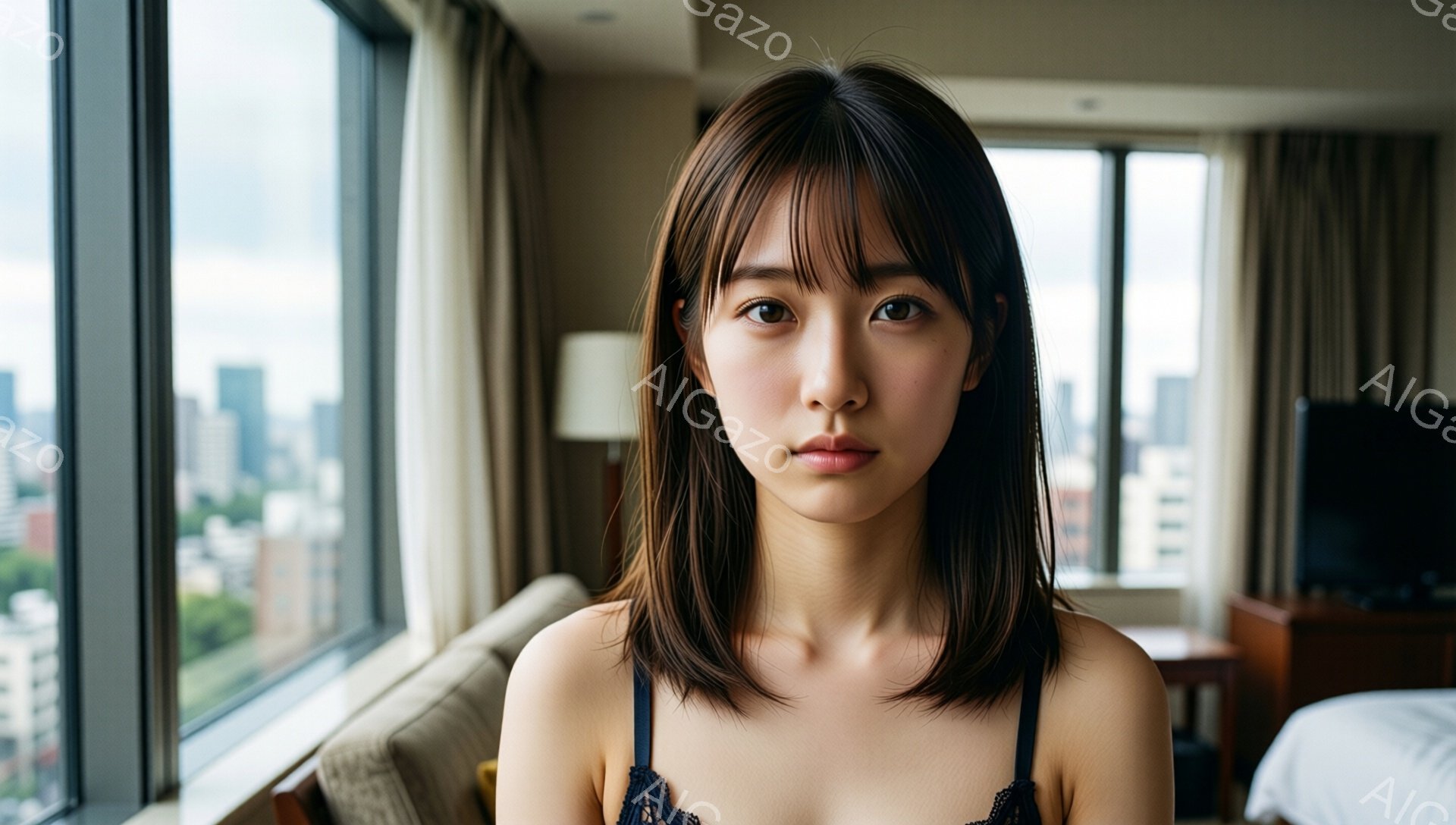 ショートヘアの女性が、窓を背にして正面を向いています。肩から胸元にかけてレースのブラレットが覗き、リラックスした表情で少し微笑んでいます。背景には高層ビルが見える都会のホテルの一室で、落ち着いた暖色系 - AI生成フリー素材