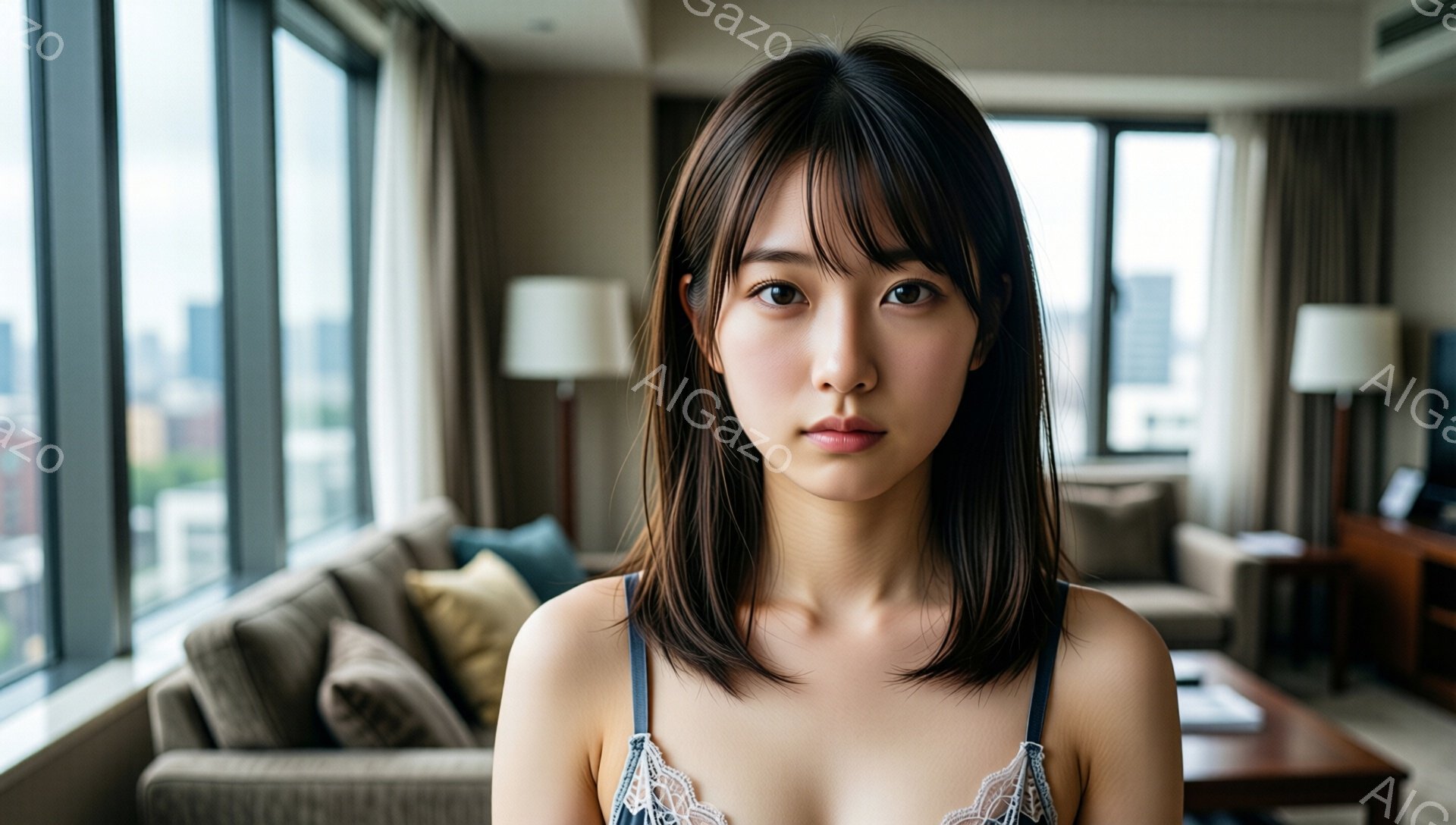 黒髪のボブヘアの女性が正面を見据えています。繊細なレースのキャミソールを着ており、少し憂いを帯びた表情を浮かべています。背景には窓から見える高層ビル群と、落ち着いた色のソファが配置されたリビングルーム - AI生成フリー素材