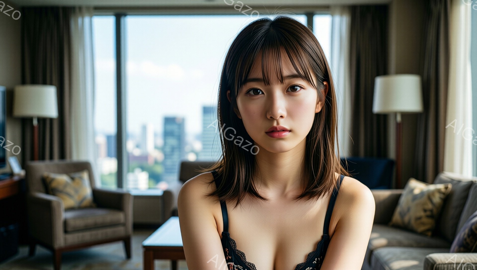 画像は、茶色の髪を肩の長さで切りそろえた若い女性を捉えています。彼女はレースのブラレットを着ており、少し憂いを帯びた表情でカメラを見つめています。背景には、窓から見える都市の風景と、ベージュとブルーを - AI生成フリー素材