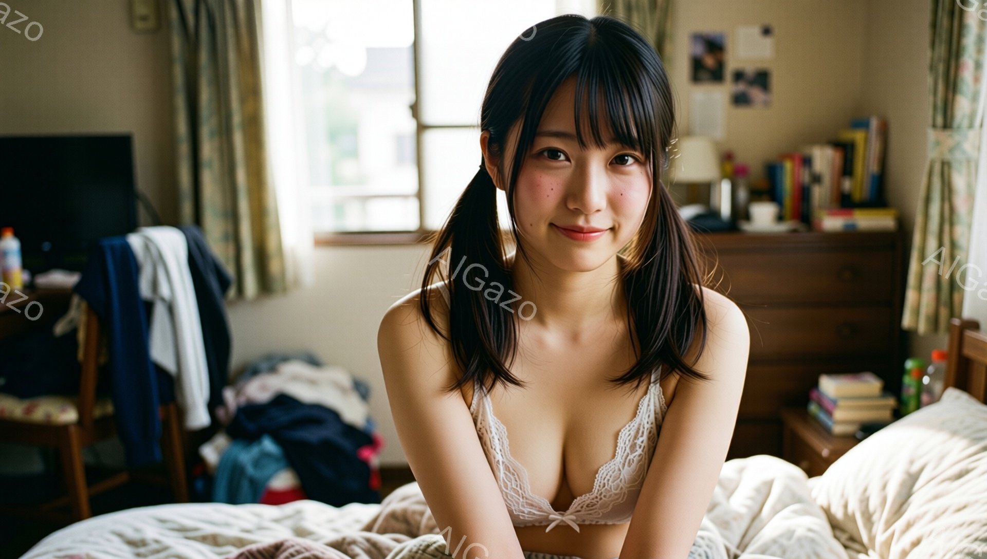 黒髪の女性がベッドに座り、白いレースのブラレットを着用しています。彼女は両サイドに分けて結んだポニーテールで、微笑んでいます。背景には家具や衣類が散乱しており、明るい日差しが差し込む部屋で、やや散らか - AI生成フリー素材