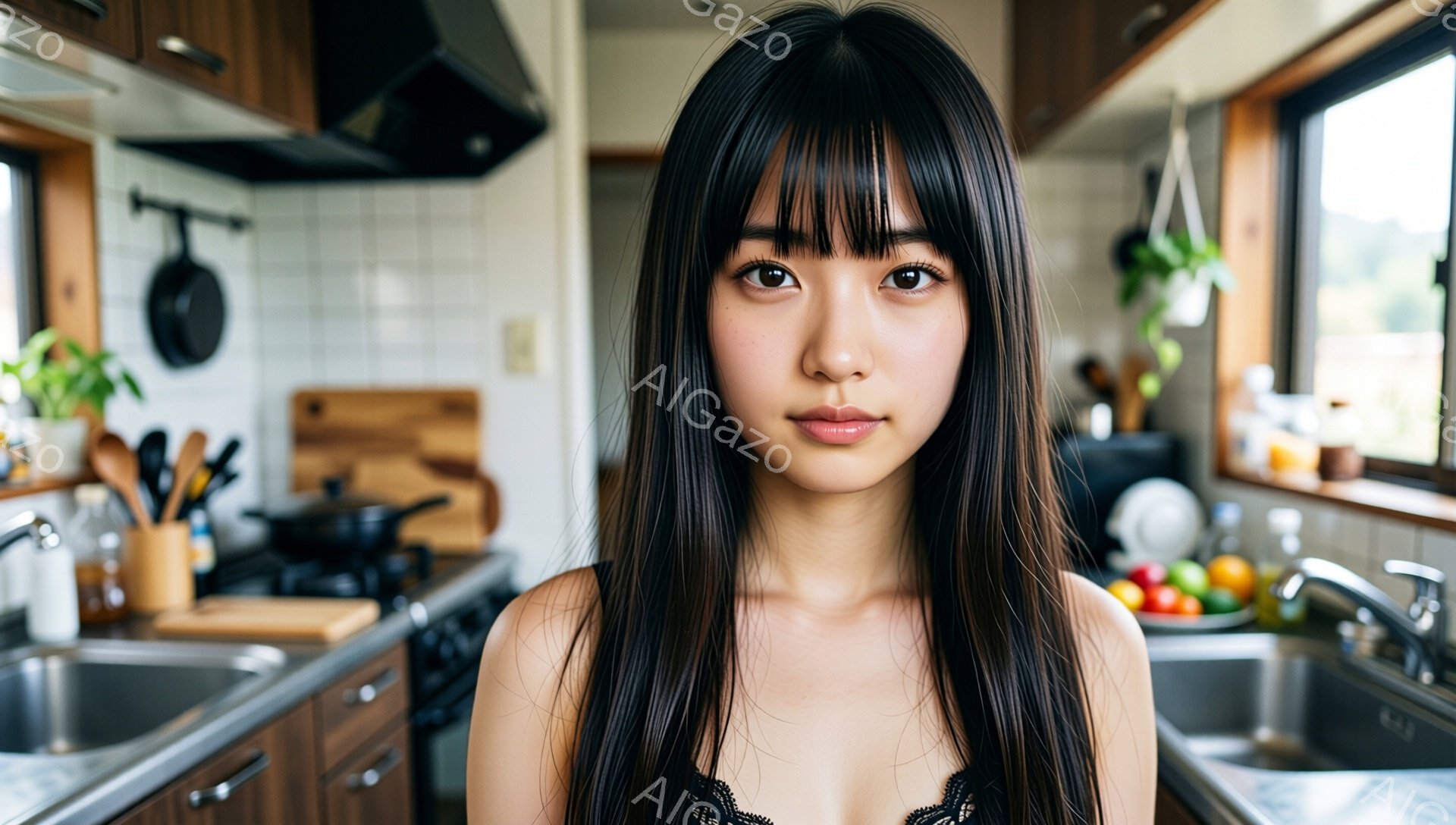 長い黒髪で、前髪ぱっつんの女性が写っています。彼女はキッチンで、黒いレースのキャミソールを着ており、少し微笑んでいます。背景には、果物が置かれたカウンターや調理器具が並んだキッチンがあり、窓からは自然 - AI生成フリー素材