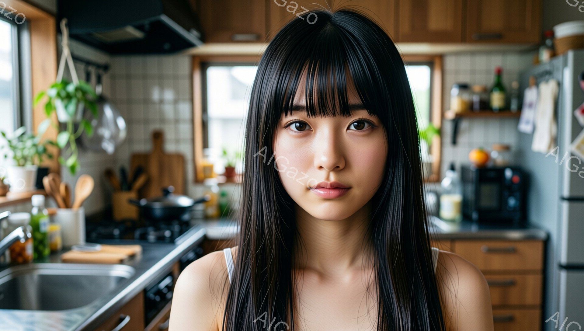 長い黒髪で前髪ぱっつんの女性が写っている。白いキャミソールを着ており、表情は穏やかで少し微笑んでいるように見える。背景はキッチンで、調理器具や調味料などが置かれ、生活感のある温かい雰囲気が漂っている。 - AI生成フリー素材
