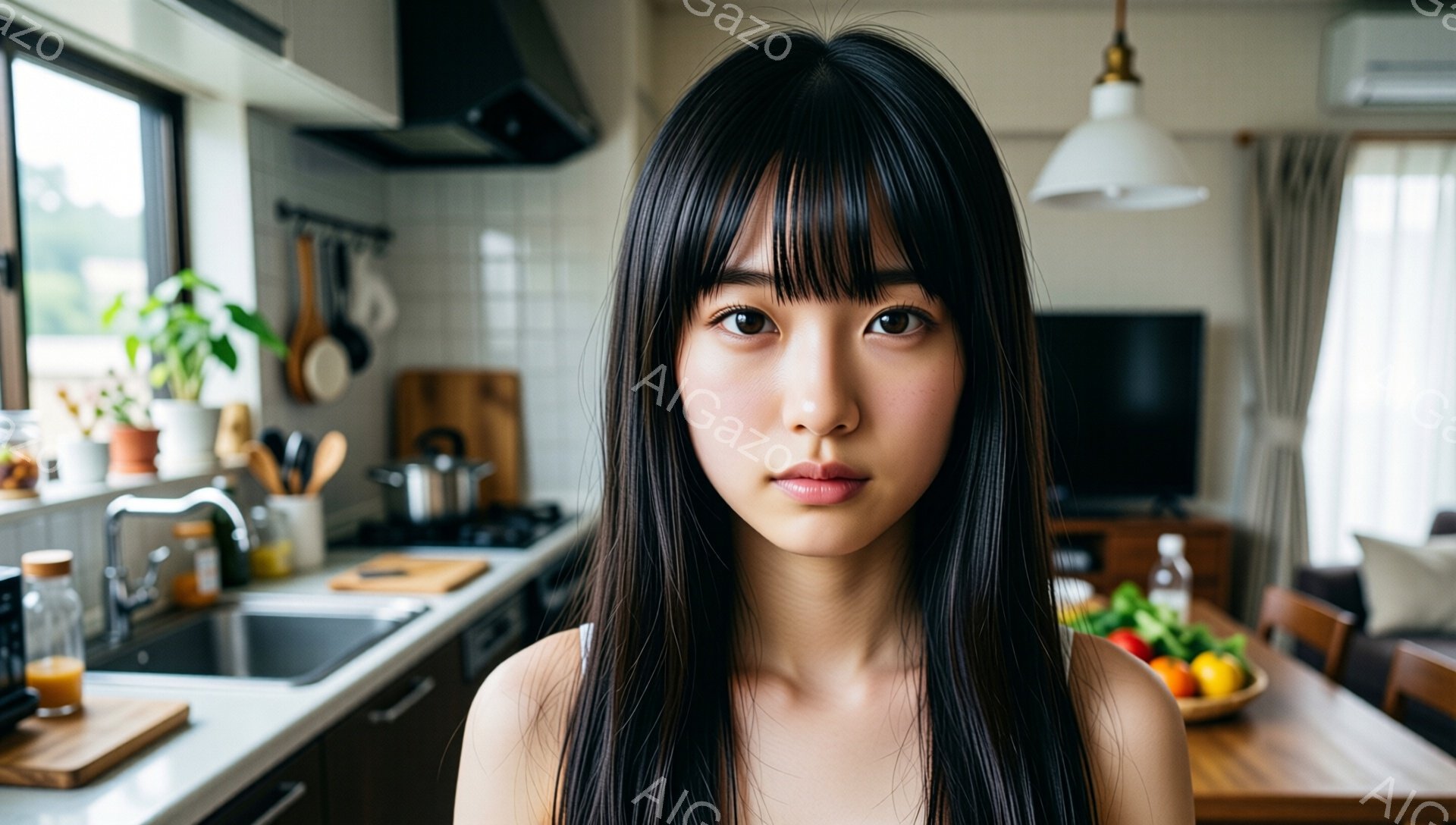 長い黒髪で前髪が目の上まで伸びている若い女性が写っています。彼女は肩から露出した服装で、少し眉間にしわを寄せた、落ち着いた表情をしています。背景はキッチンで、調理器具や果物、野菜が置かれたダイニングテーブルが見え、明るく清潔感のある家庭的な雰囲気です。
