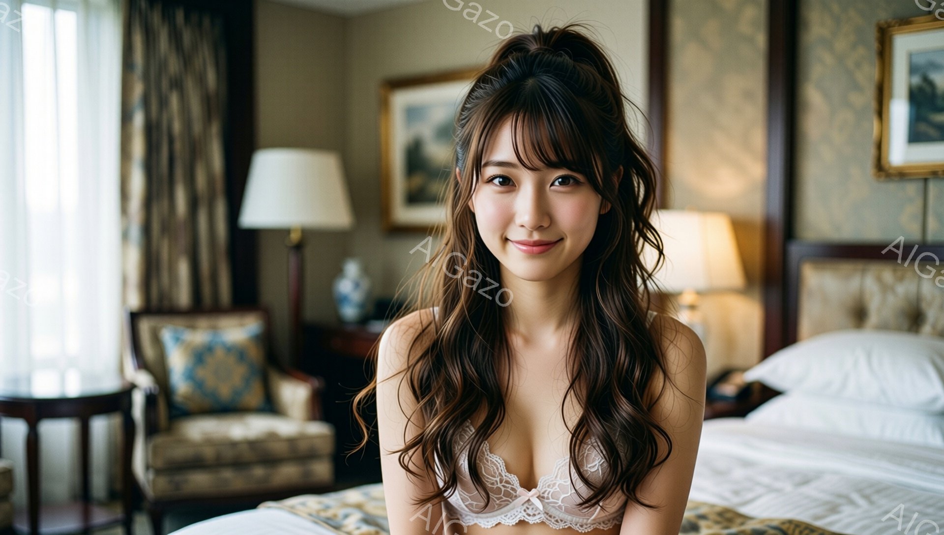 長い茶色の巻き毛が肩にかかり、前髪が目の上にかかる女性が写っている。白いレースのブラレットを身につけ、ベッドに座って微笑んでいる。背景には、上品な模様の壁紙、椅子、ベッドが見え、ホテルの部屋のような雰囲気である。
