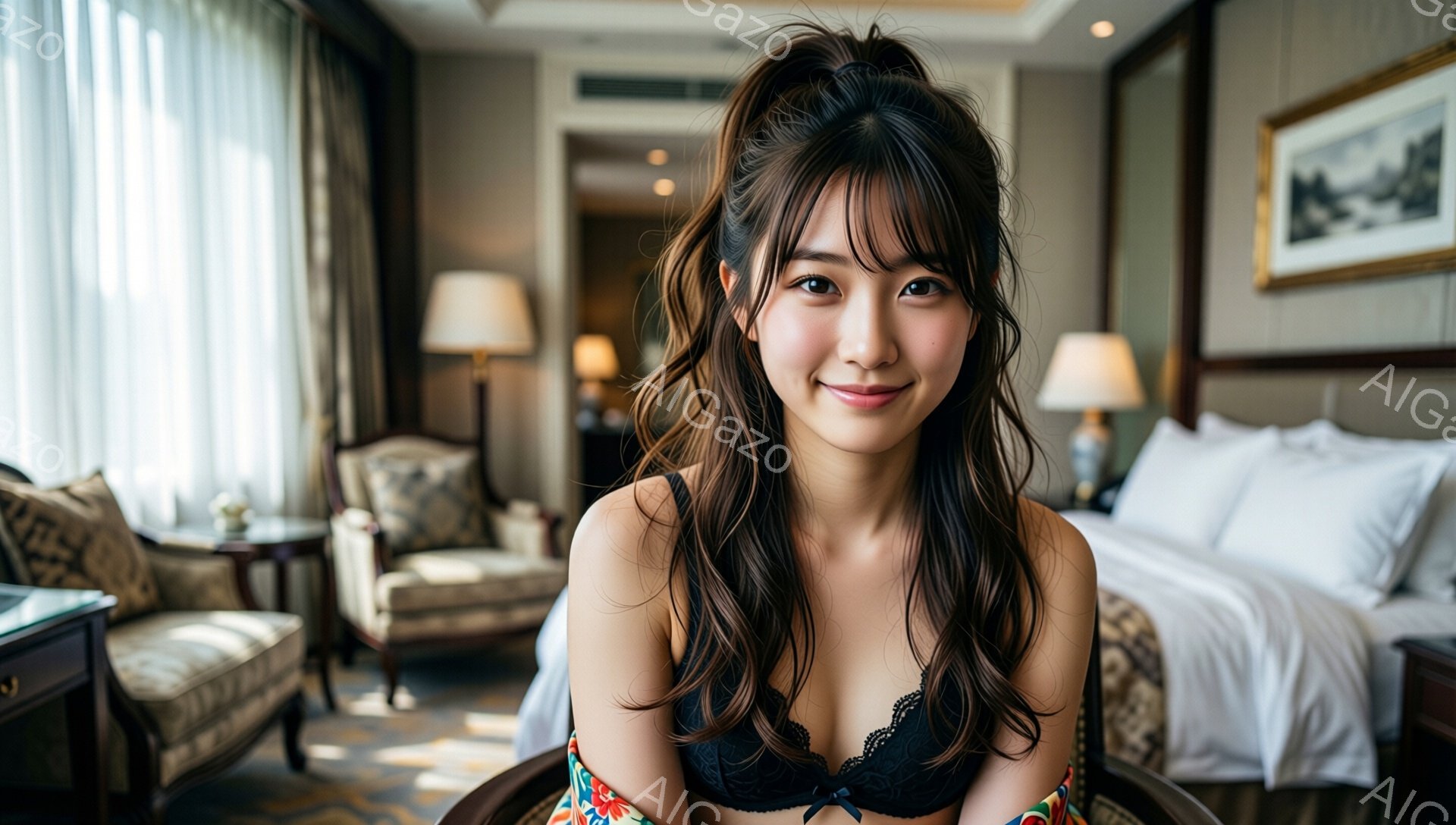 長い茶色の髪をハーフアップにし、少し微笑んでいる若い女性が写っています。彼女は黒いレースのブラレットと、鮮やかな色の柄が入ったガウンを羽織っています。背景はホテルの部屋で、椅子、ベッド、絵画などが置か - AI生成フリー素材
