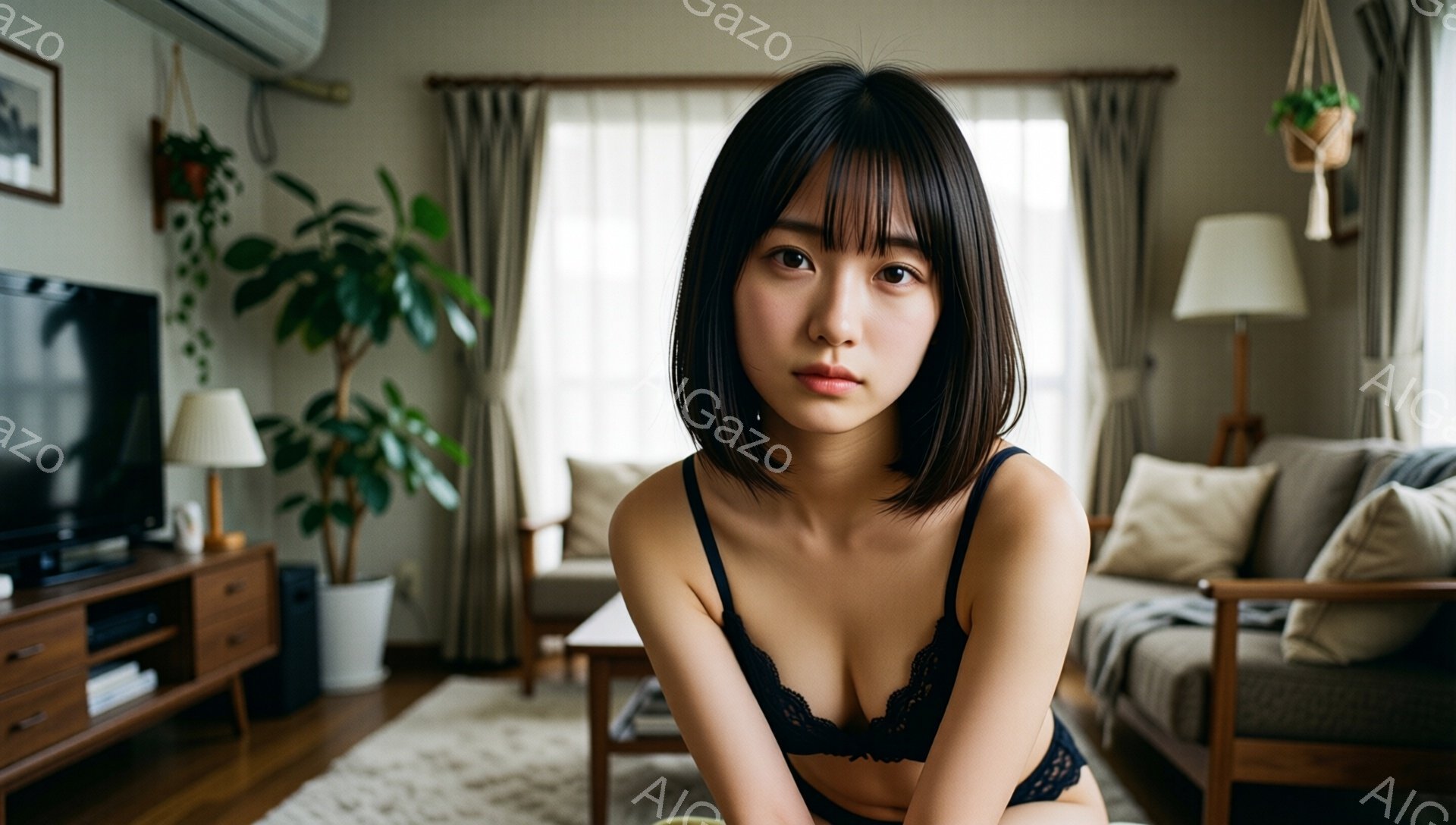 ショートヘアの女性が、レースのブラとショーツ姿で、リラックスした雰囲気の部屋に座っています。彼女は少し憂いを帯びた表情で、カメラを見つめています。背景には、木製の家具、観葉植物、そして明るい色のカーペ - AI生成フリー素材