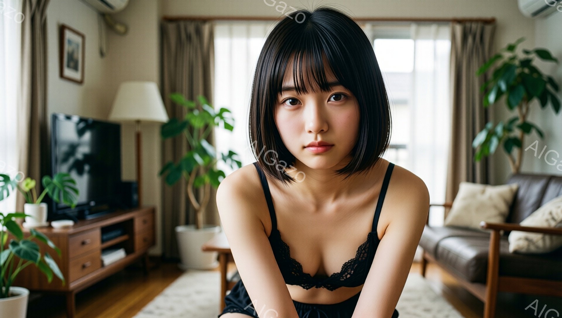 黒髪のボブカットの女性が、黒いレースのブラレットとスカート姿でカメラを見つめている。彼女は少し伏し目がちで、どこか憂いを帯びた表情をしている。背景には茶色のソファや木製のキャビネット、観葉植物などが配 - AI生成フリー素材