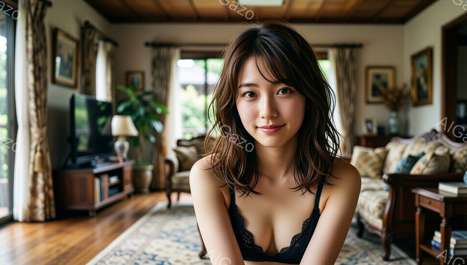 長い茶色の髪を持つ女性が、黒いレースのブラレットを着て正面を見つめています。彼女はわずかに微笑んでおり、リラックスした姿勢で膝を曲げて座っています。背景には、窓から光が差し込むリビングルームがあり、テ - AI生成フリー素材
